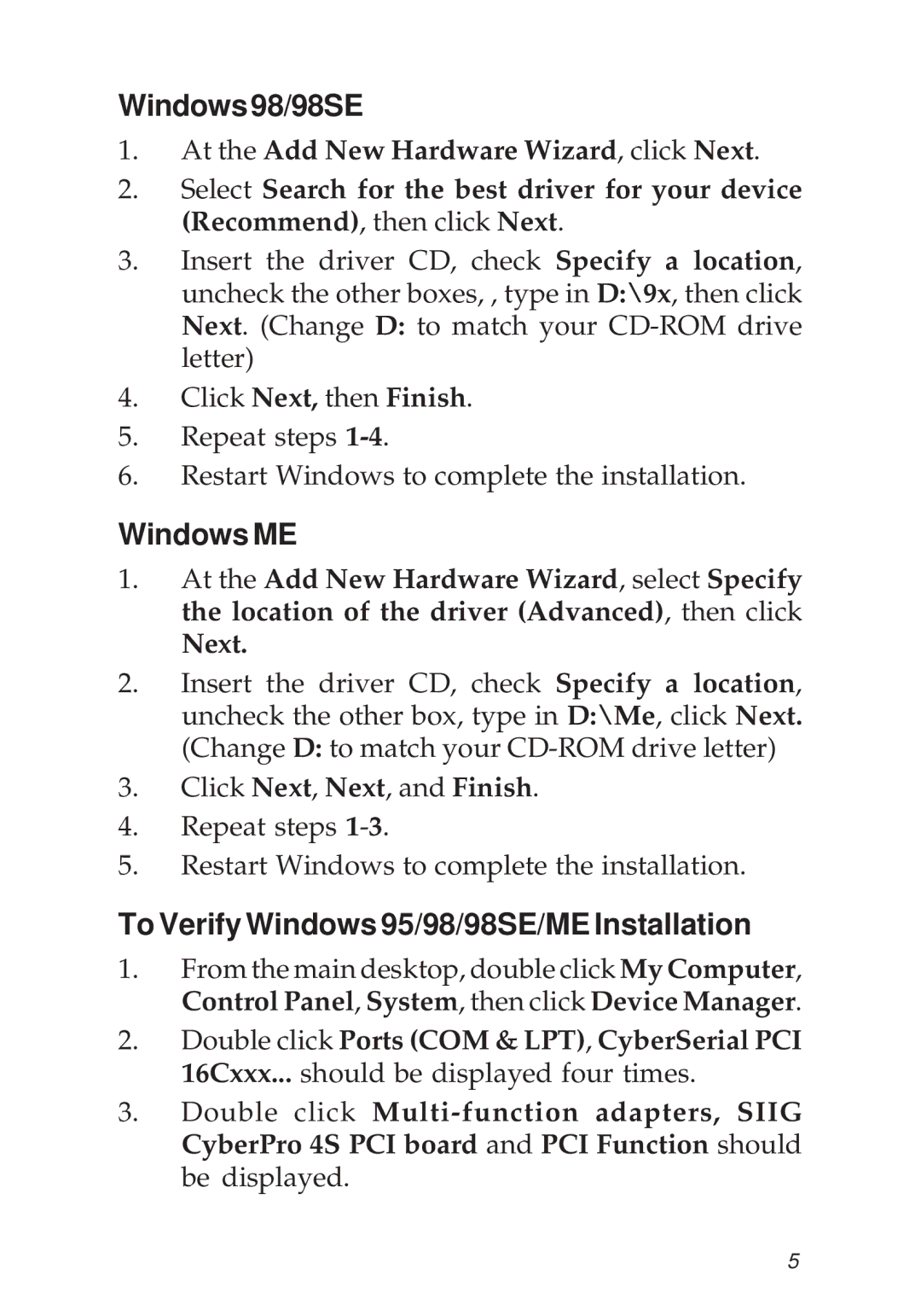 SIIG 04-0343C manual Windows98/98SE, Windows ME, To Verify Windows 95/98/98SE/ME Installation 