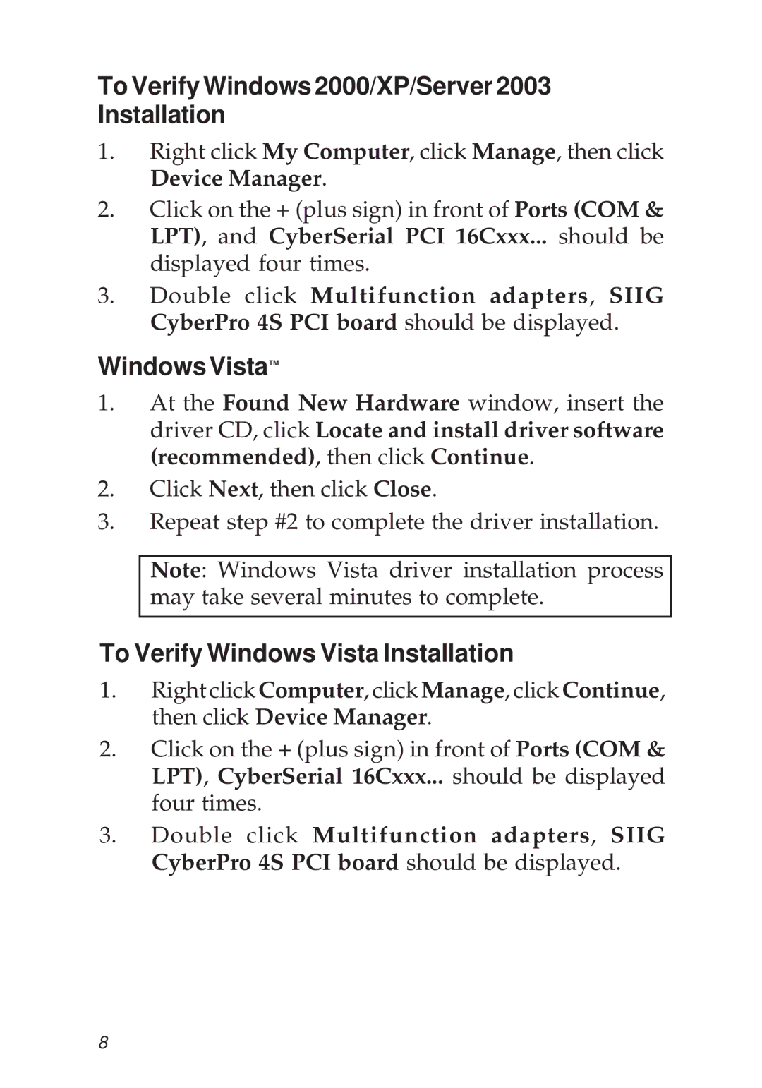 SIIG 04-0343C manual To Verify Windows 2000/XP/Server 2003 Installation, To Verify Windows Vista Installation 