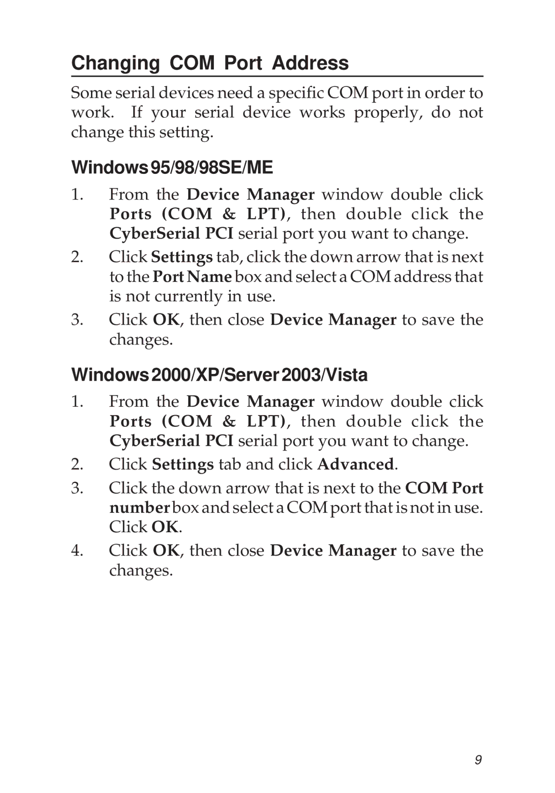 SIIG 04-0343C manual Changing COM Port Address, Windows95/98/98SE/ME, Windows2000/XP/Server2003/Vista 