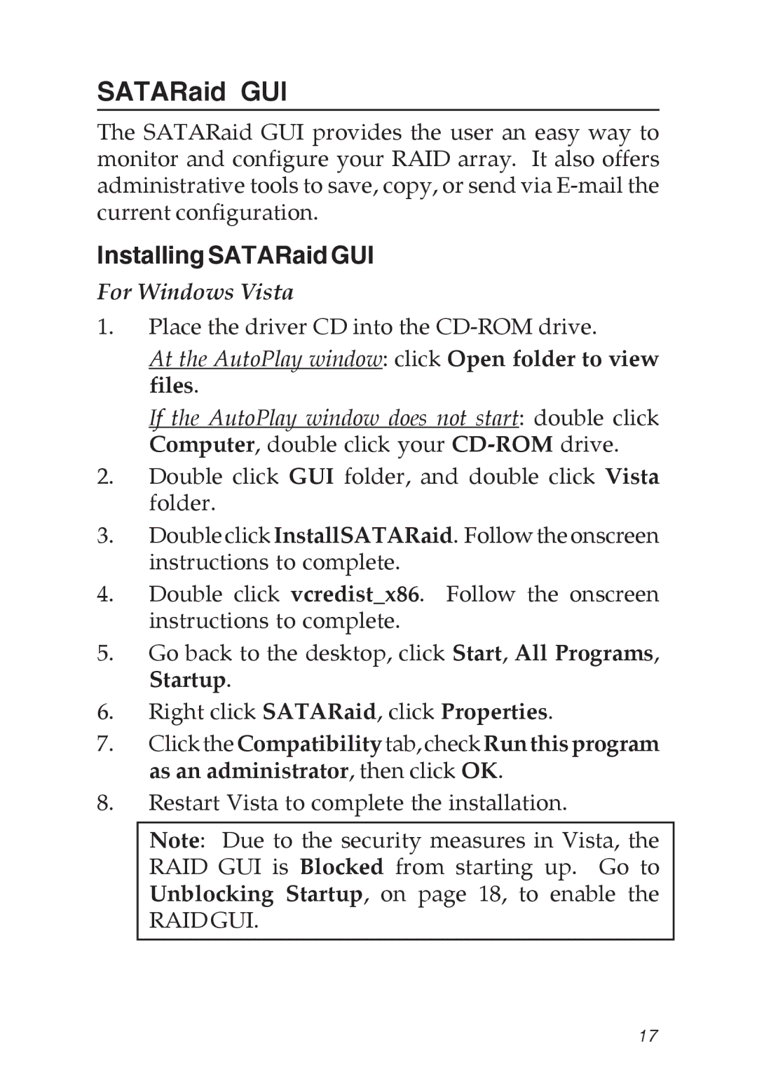 SIIG 04-0373C specifications Installing SATARaid GUI, For Windows Vista 