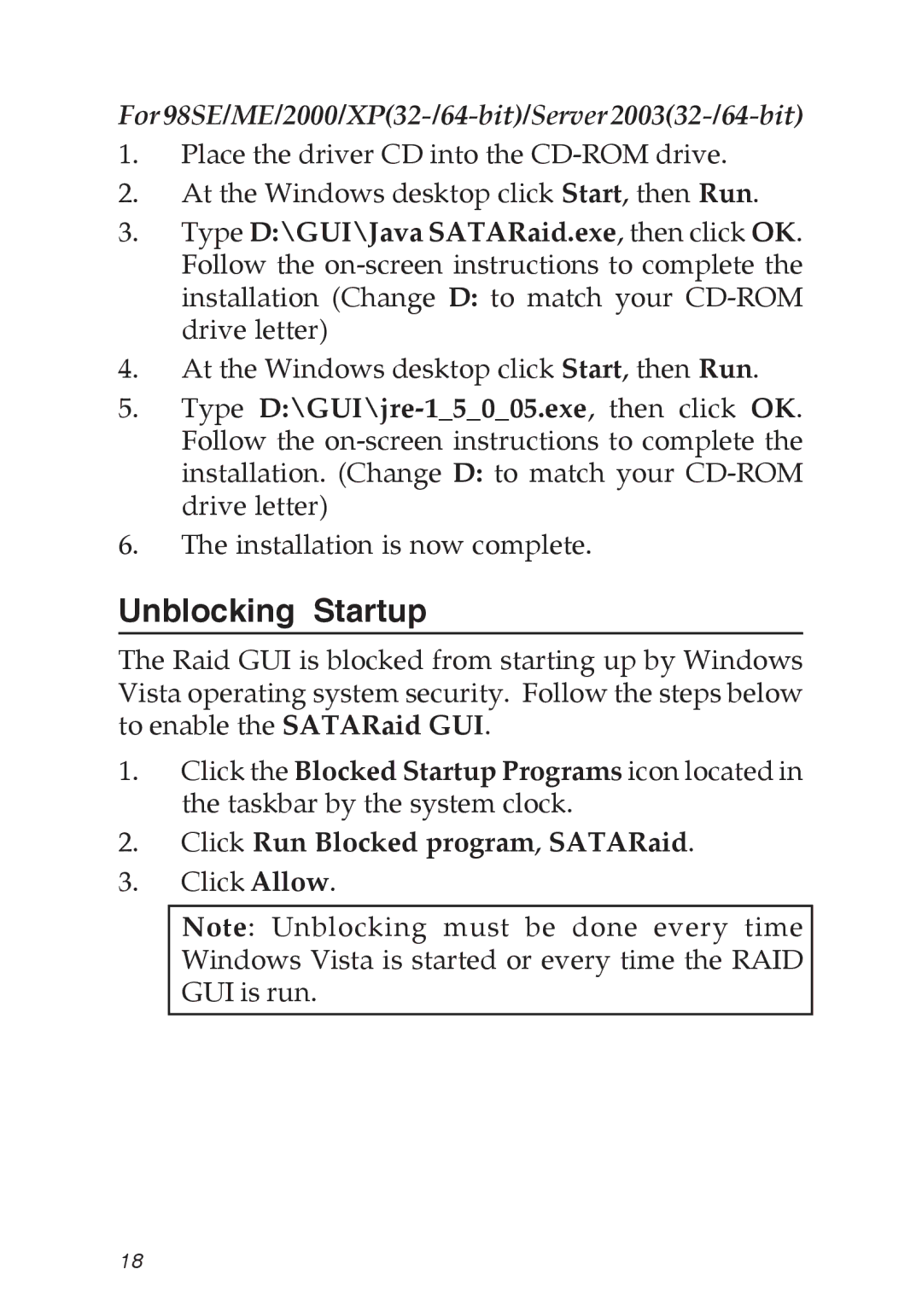 SIIG 04-0373C Unblocking Startup, For 98SE/ME/2000/XP32-/64-bit/Server 200332-/64-bit, Click Run Blocked program, SATARaid 