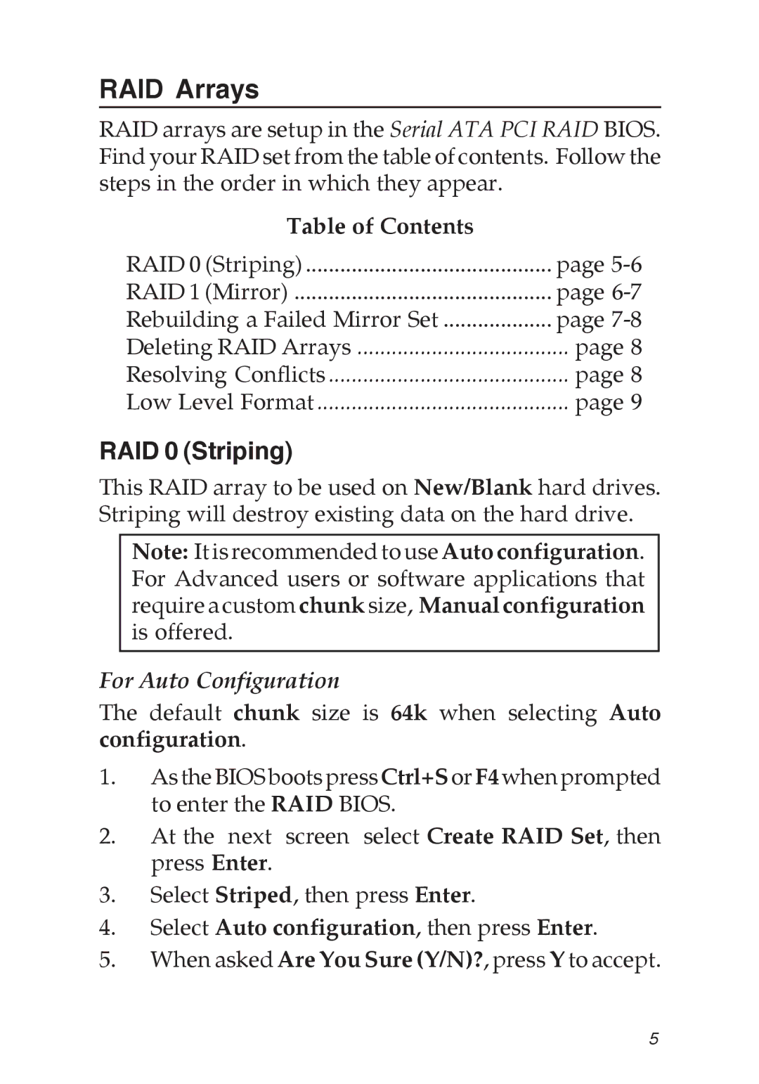 SIIG 04-0373C specifications RAID Arrays, RAID 0 Striping, Table of Contents, For Auto Configuration 