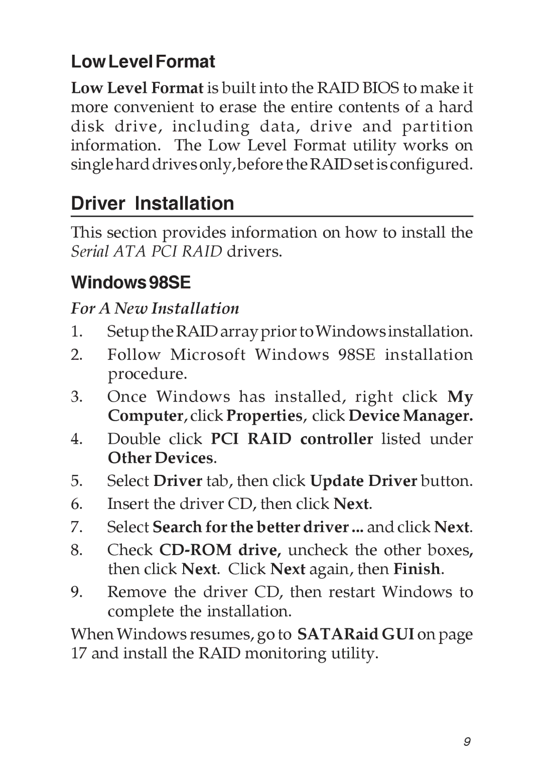 SIIG 04-0373C specifications Driver Installation, Low Level Format, Windows98SE, For a New Installation 