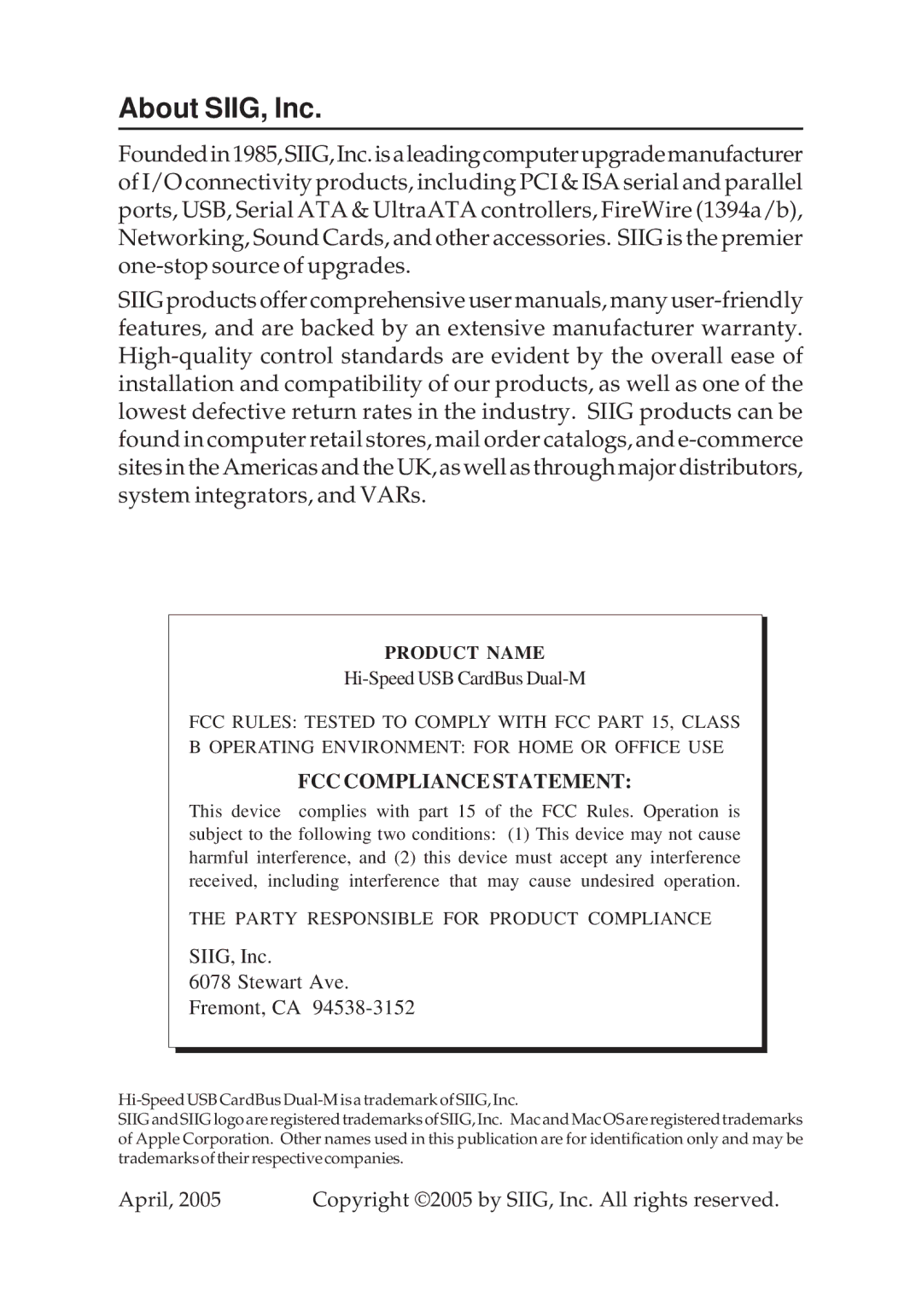 SIIG 04-0381A specifications About SIIG, Inc 