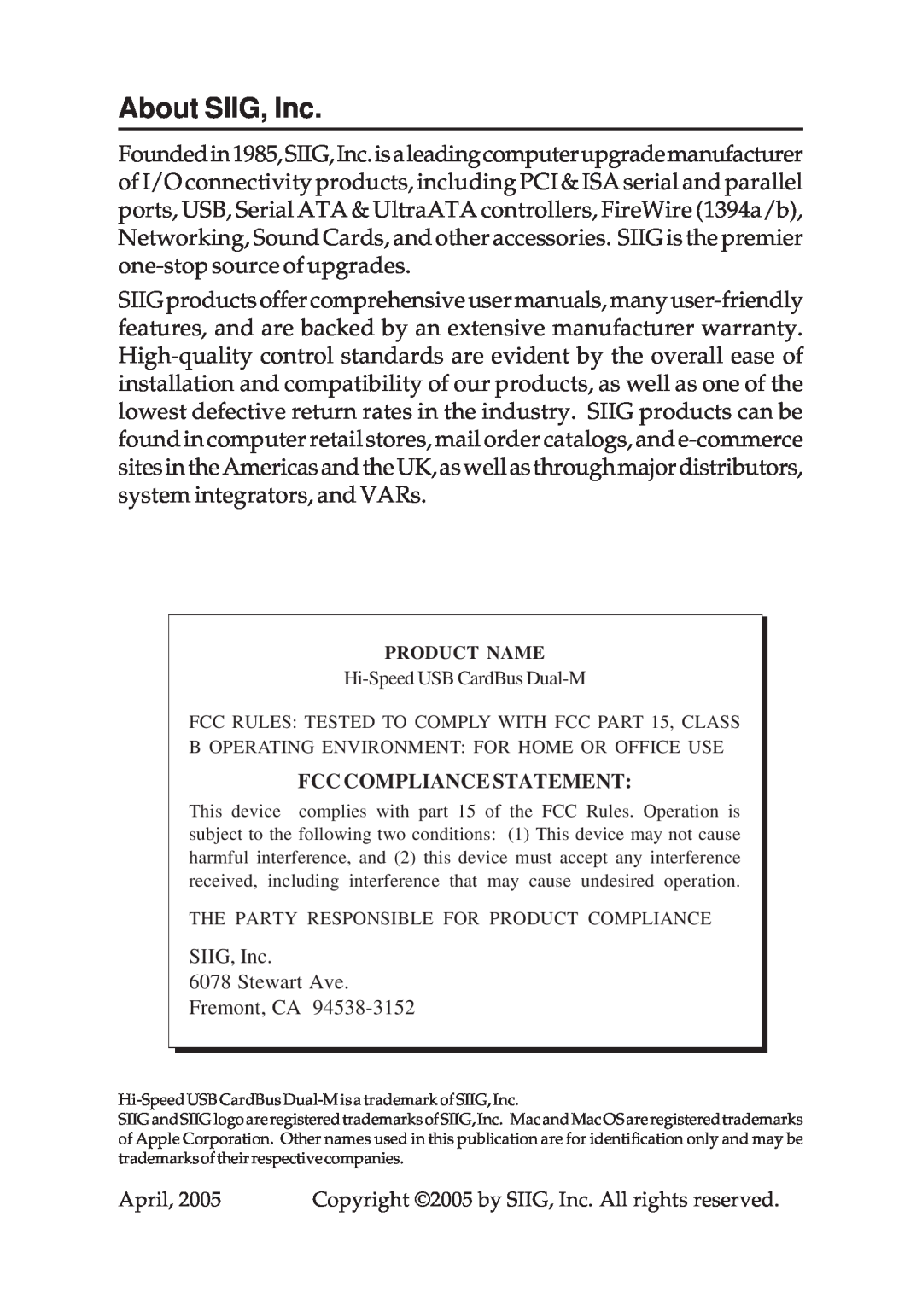 SIIG 04-0381A specifications About SIIG, Inc, Fcc Compliance Statement 