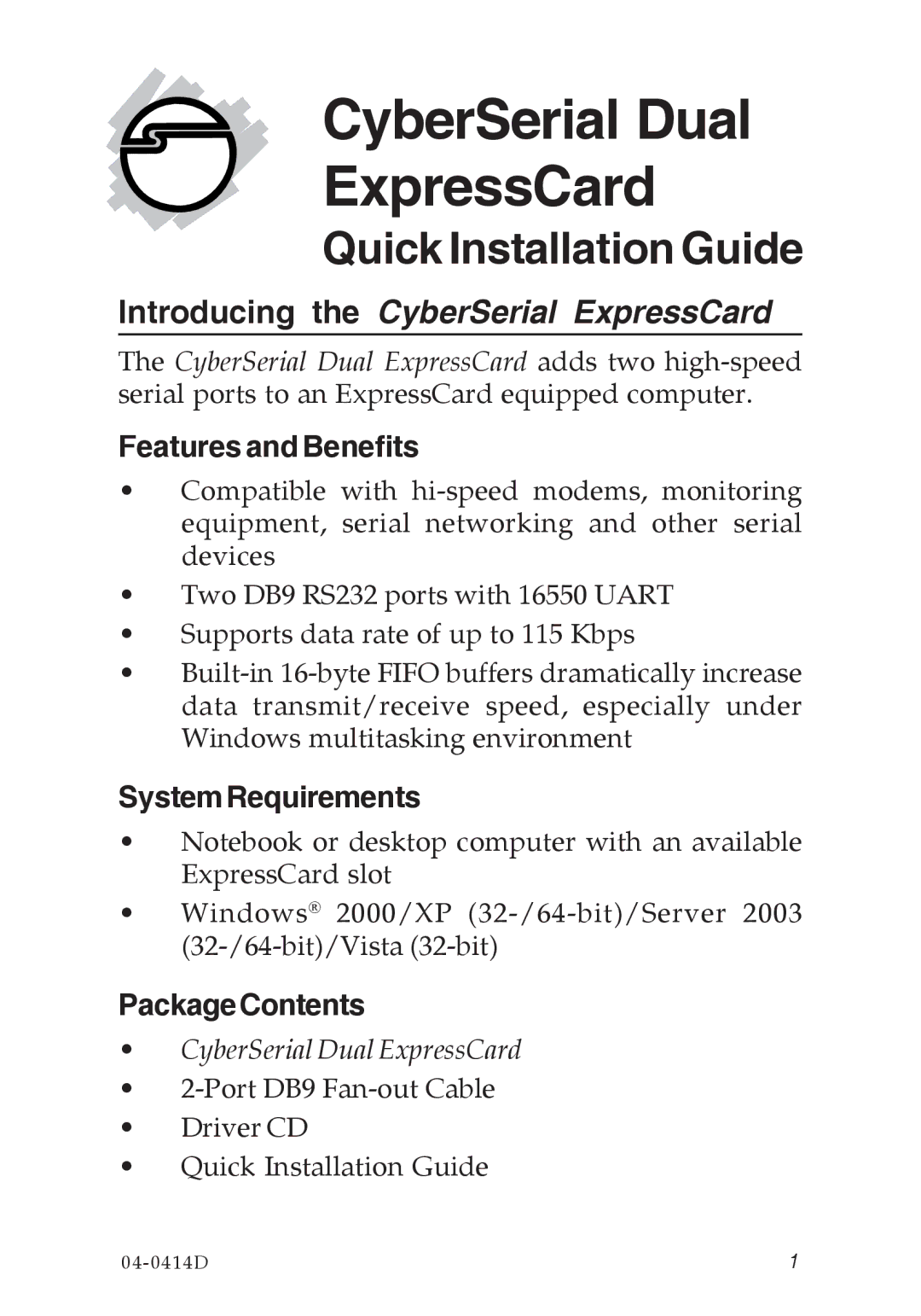 SIIG 04-0414D manual Features and Benefits, SystemRequirements, PackageContents 