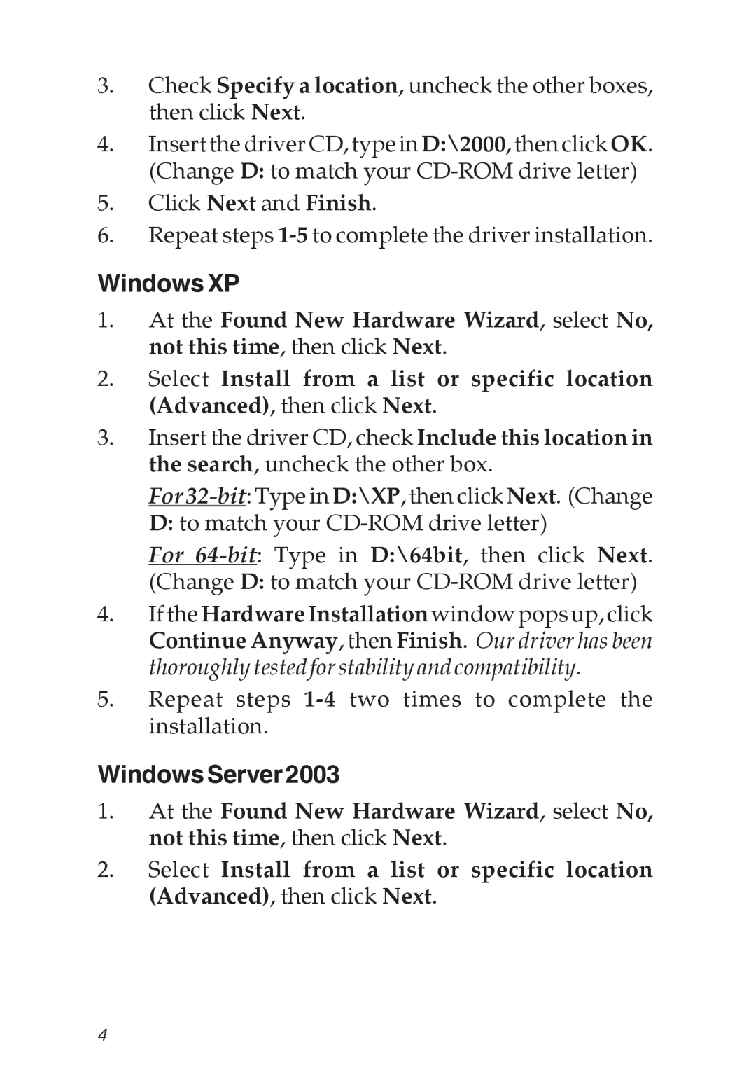 SIIG 04-0414D manual WindowsXP, WindowsServer2003 