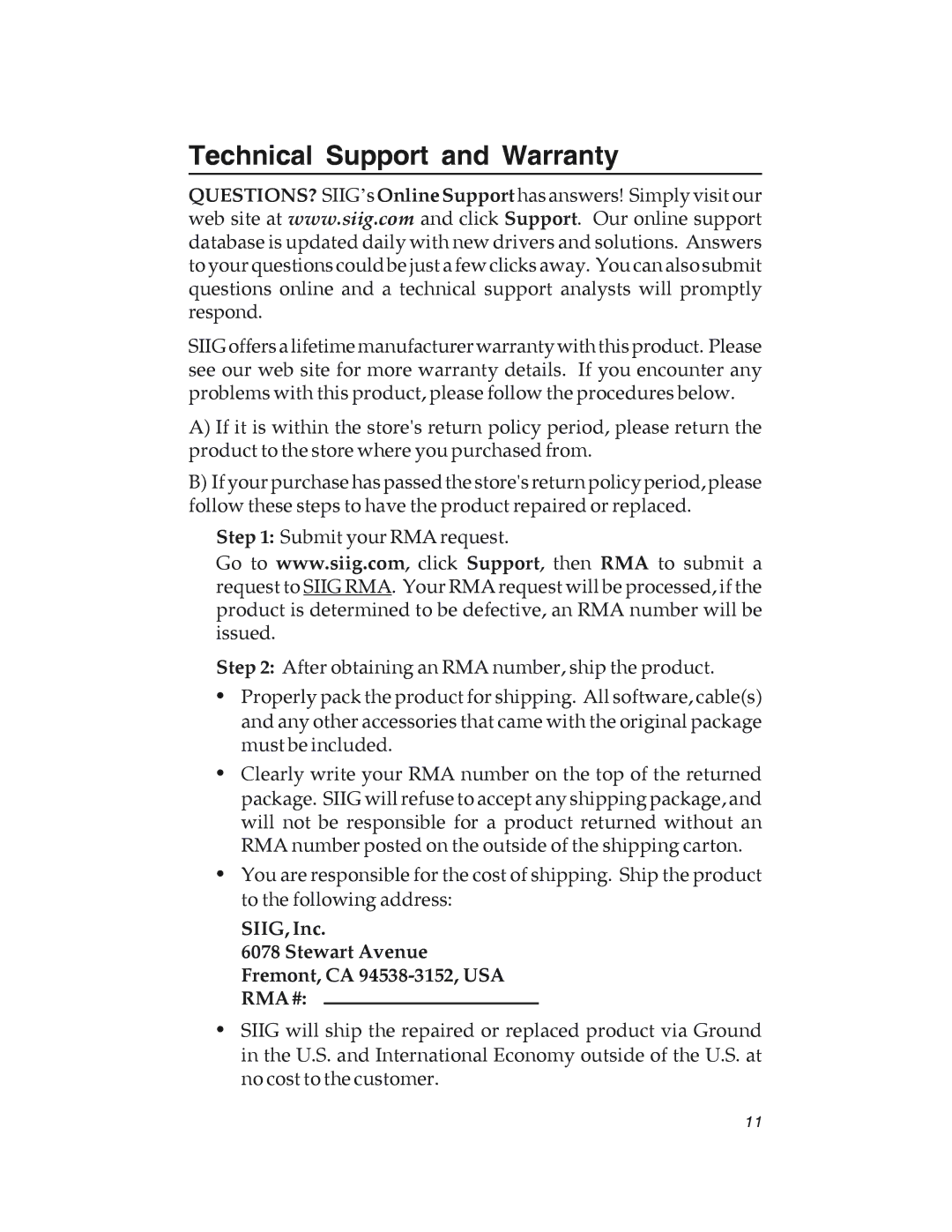 SIIG 04-0417C manual Technical Support and Warranty, SIIG, Inc Stewart Avenue Fremont, CA 94538-3152, USA RMA # 