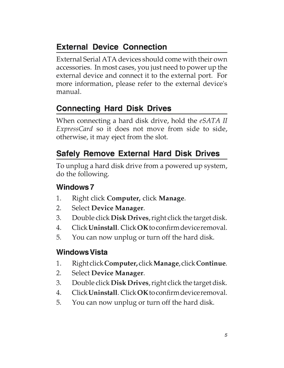 SIIG 04-0417C External Device Connection, Connecting Hard Disk Drives, Safely Remove External Hard Disk Drives, Windows 