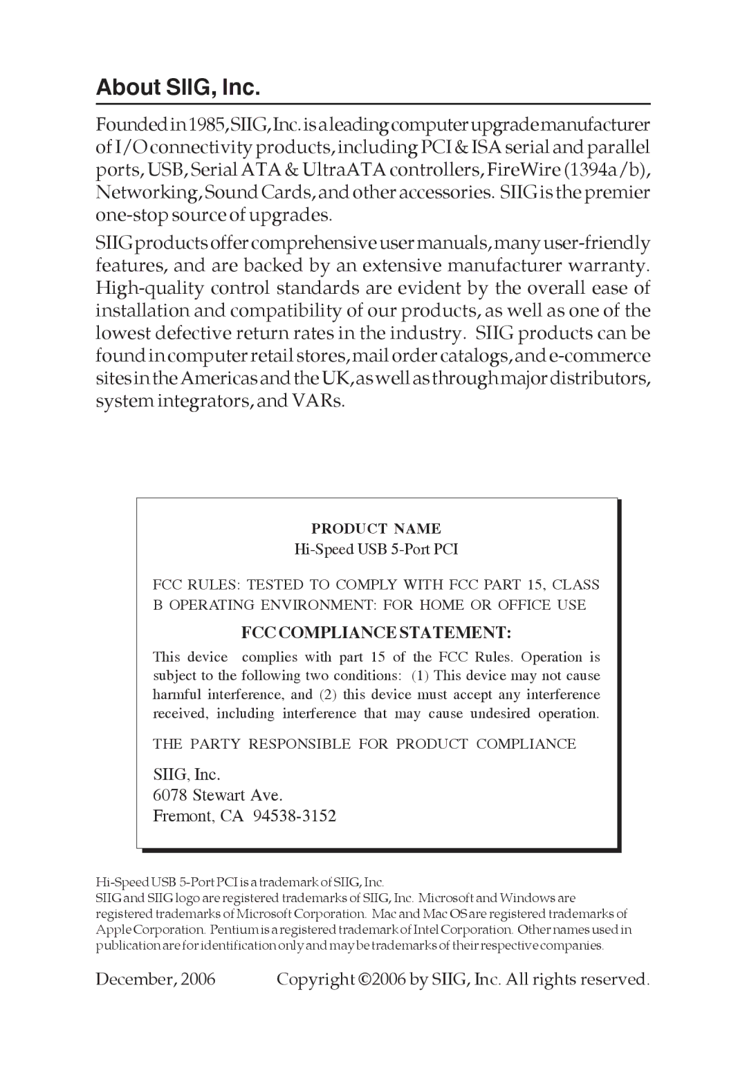 SIIG 04-0444A specifications About SIIG, Inc 