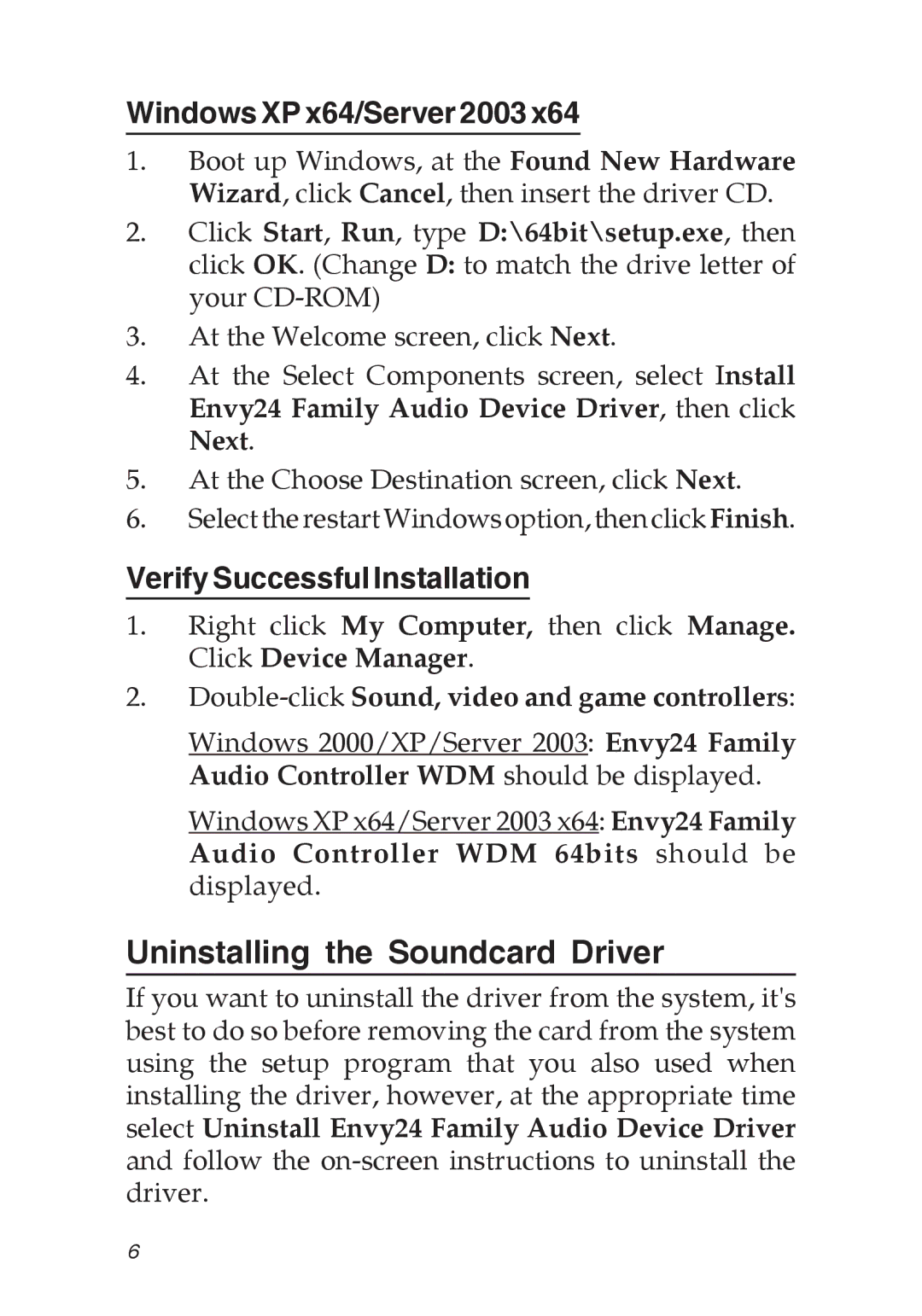 SIIG 04-0456A specifications Uninstalling the Soundcard Driver, Windows XP x64/Server 2003, Verify Successful Installation 