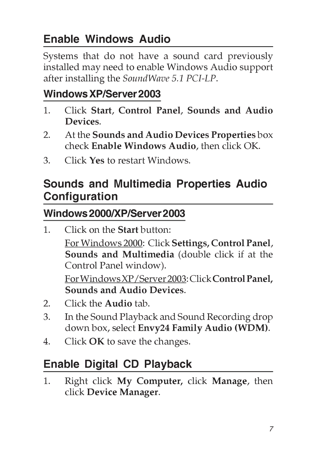 SIIG 04-0456A Enable Windows Audio, Sounds and Multimedia Properties Audio Configuration, Enable Digital CD Playback 