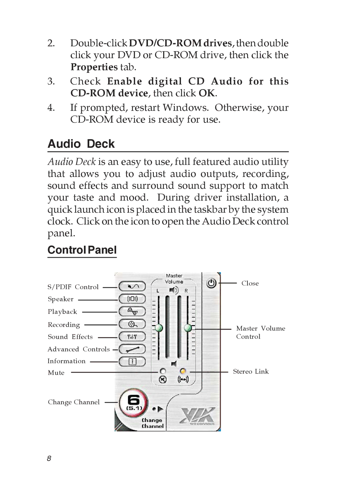 SIIG 04-0456A specifications Audio Deck, Control Panel 