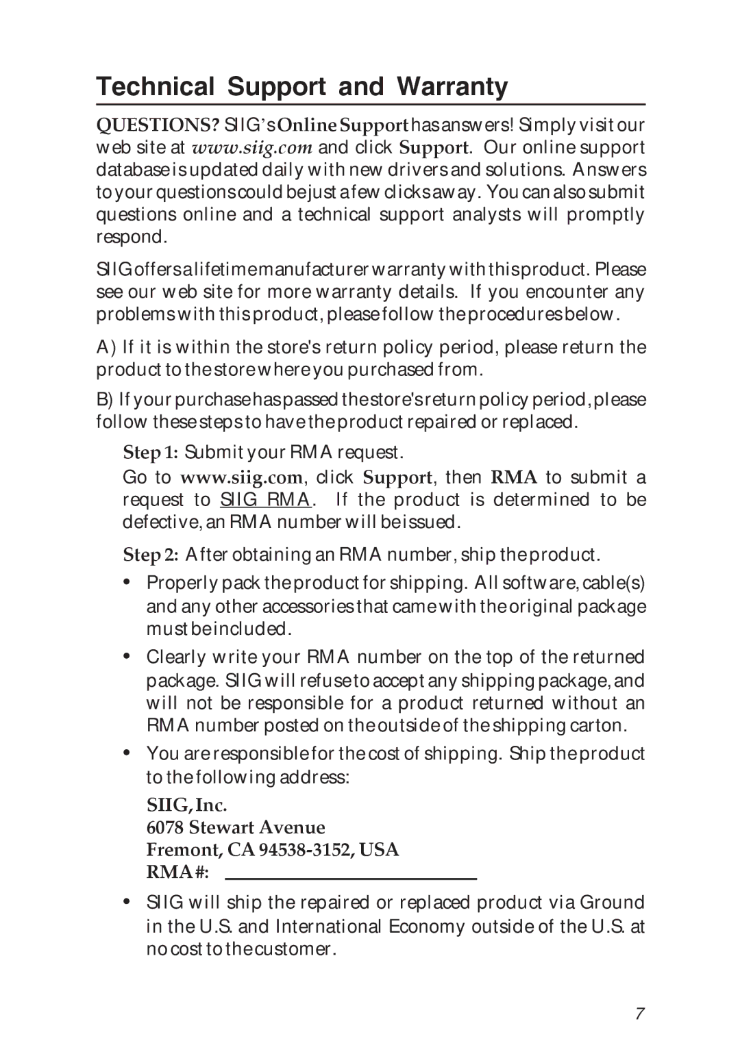 SIIG 04-0476A specifications Technical Support and Warranty, SIIG, Inc Stewart Avenue Fremont, CA 94538-3152, USA RMA # 
