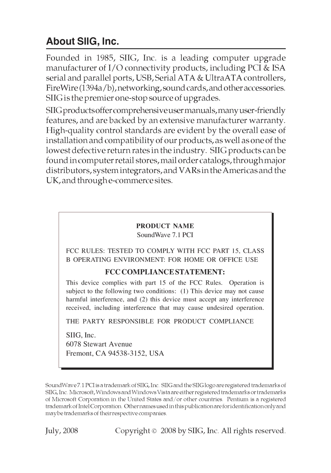 SIIG 04-0501A specifications About SIIG, Inc 