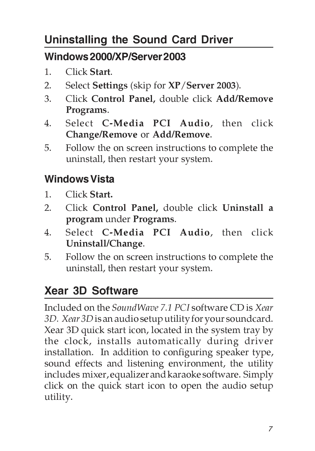 SIIG 04-0501A specifications Uninstalling the Sound Card Driver, Xear 3D Software, Windows Vista 