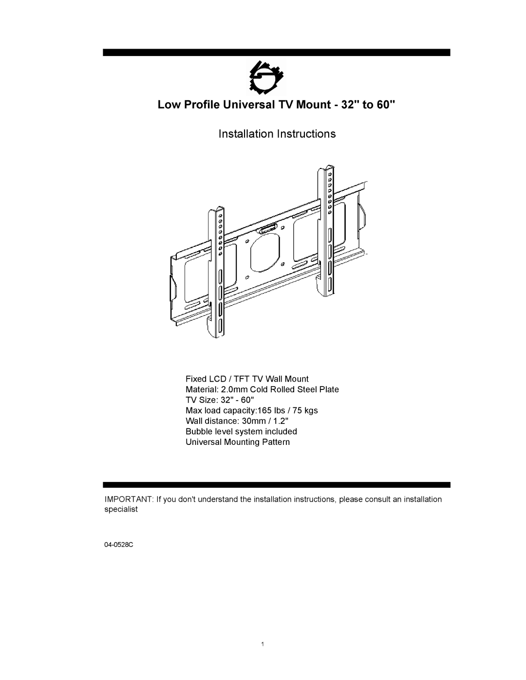 SIIG 04-0528C installation instructions Low Profile Universal TV Mount 32 to 