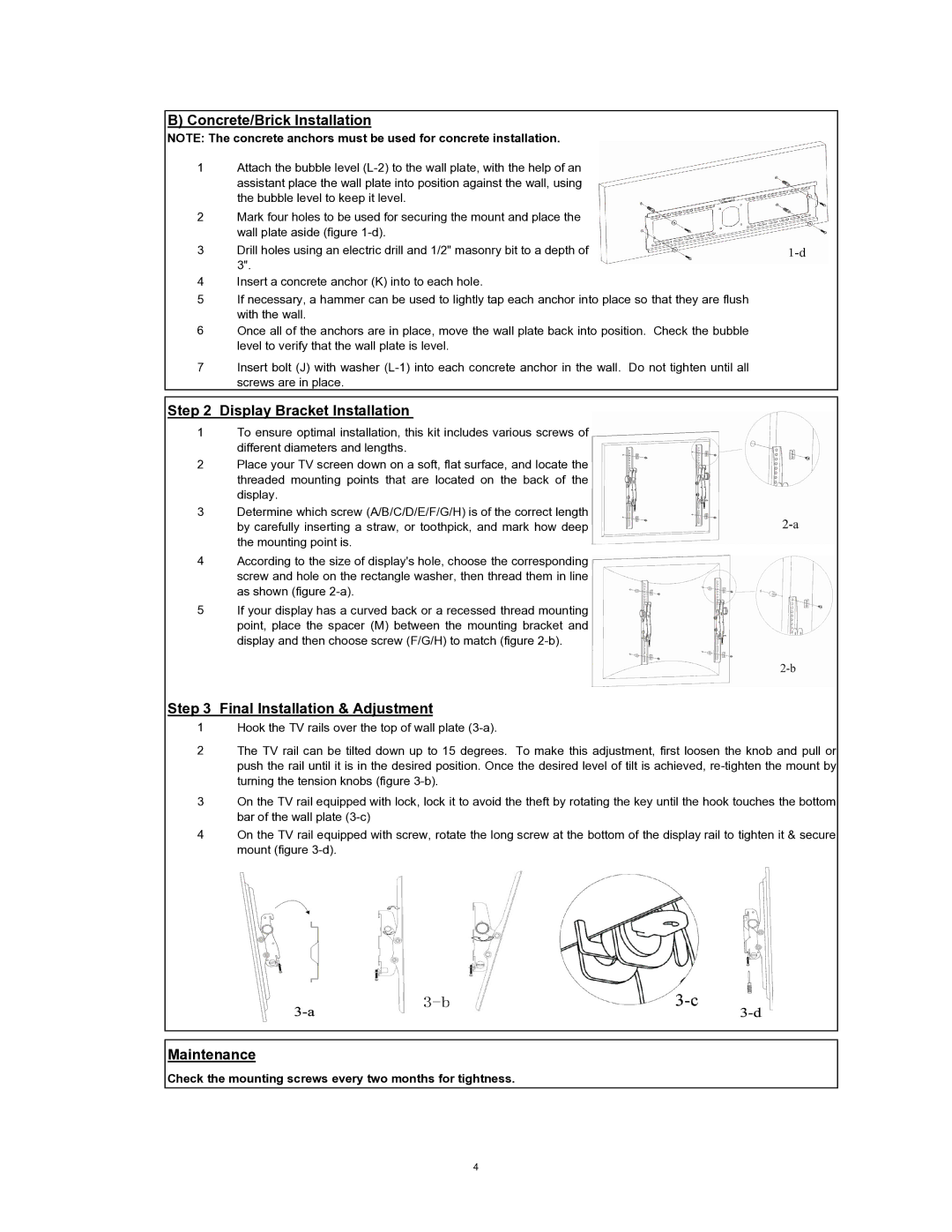 SIIG 04-0529D Concrete/Brick Installation, Display Bracket Installation, Final Installation & Adjustment, Maintenance 