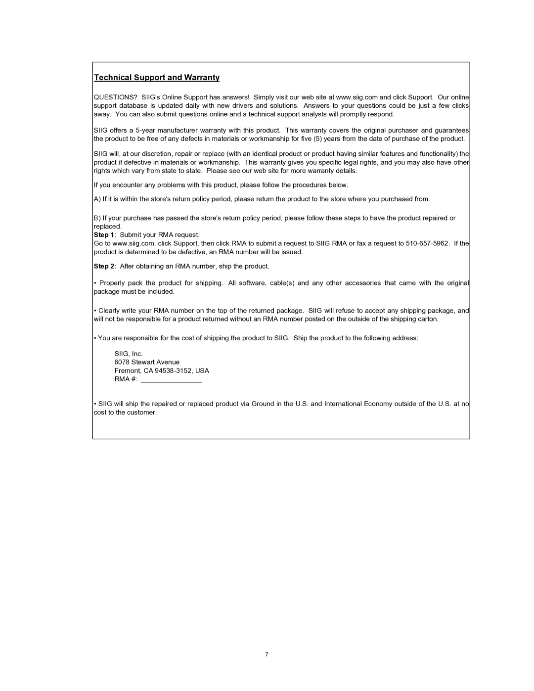 SIIG 04-0529D installation instructions Technical Support and Warranty 