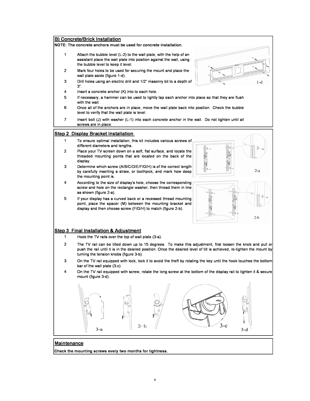 SIIG 04-0529D B Concrete/Brick Installation, Display Bracket Installation, Final Installation & Adjustment, Maintenance 