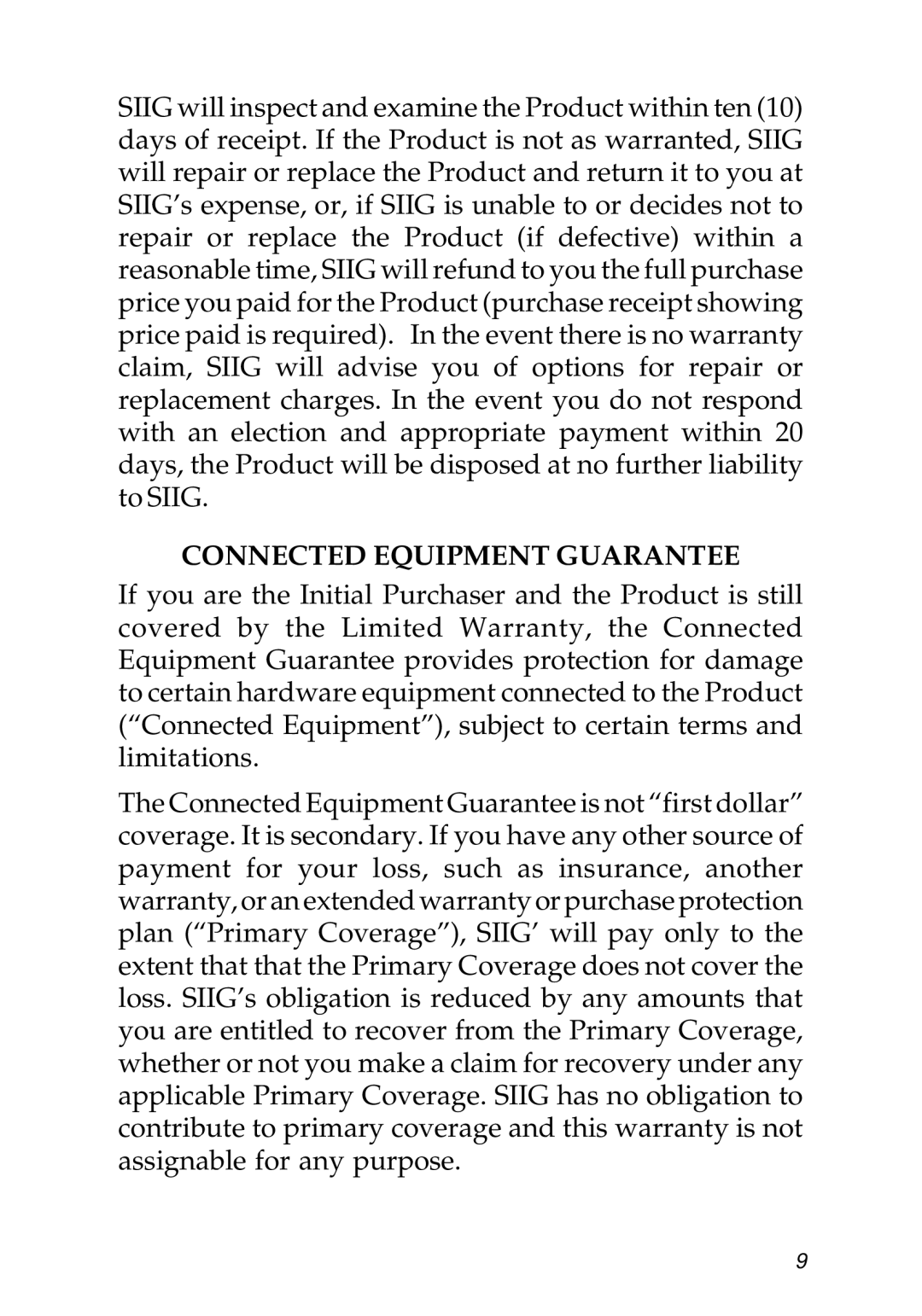 SIIG 04-0568A manual Connected Equipment Guarantee 