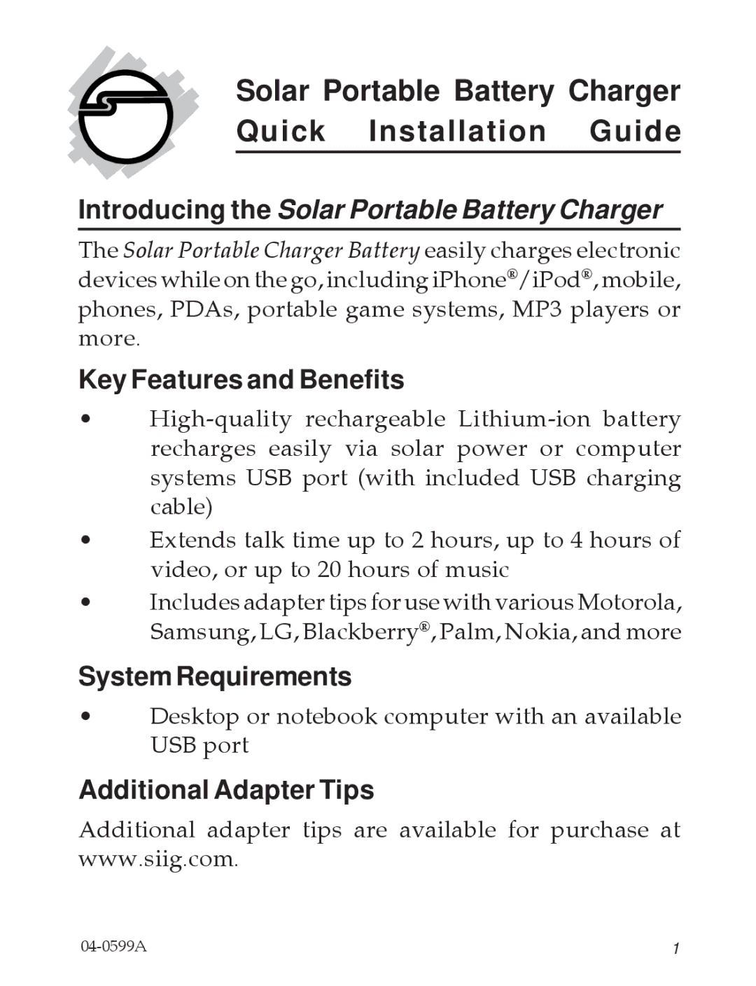 SIIG 04-0599A manual Solar Portable Battery Charger Quick Installation Guide, Key Features and Benefits 