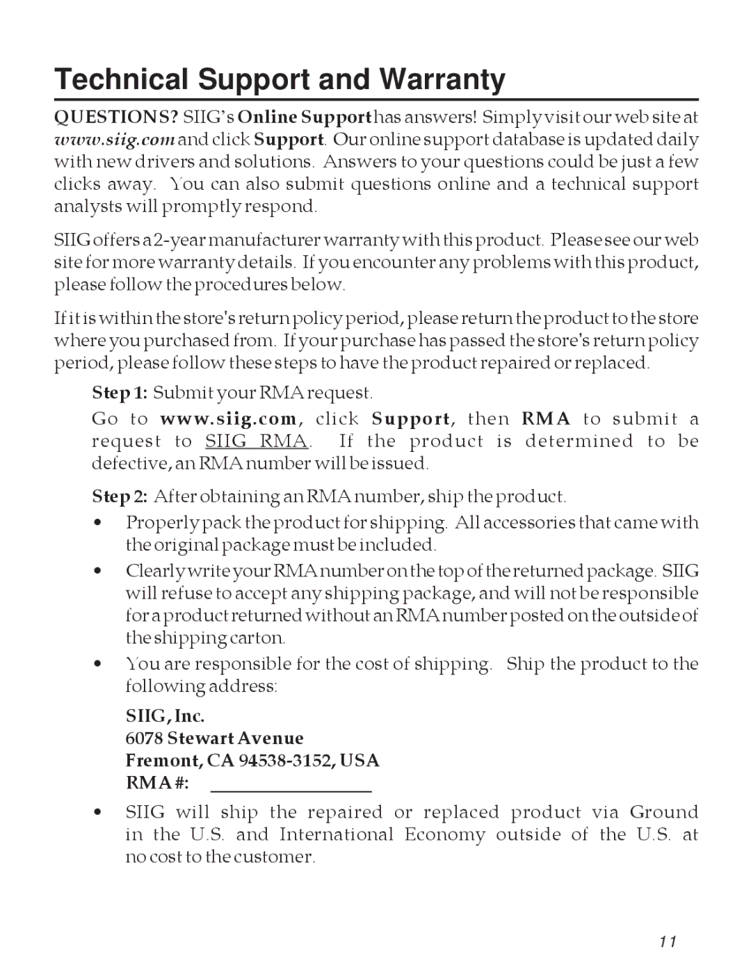 SIIG 04-0599A manual Technical Support and Warranty, SIIG, Inc Stewart Avenue Fremont, CA 94538-3152, USA RMA # 