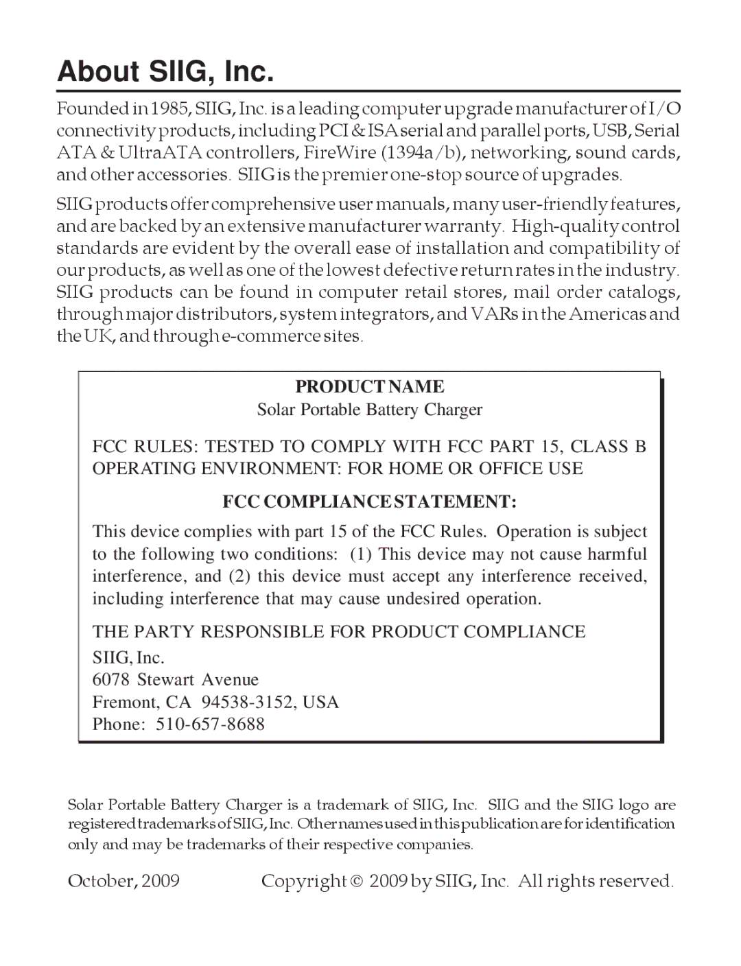 SIIG 04-0599A manual About SIIG, Inc, Product Name 