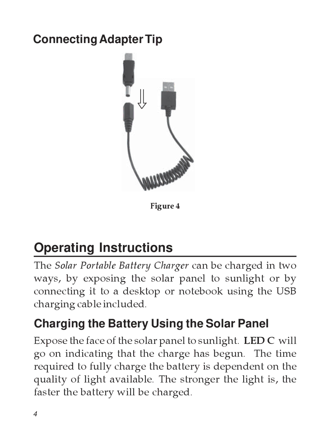 SIIG 04-0599A manual Operating Instructions, Connecting Adapter Tip, Charging the Battery Using the Solar Panel 