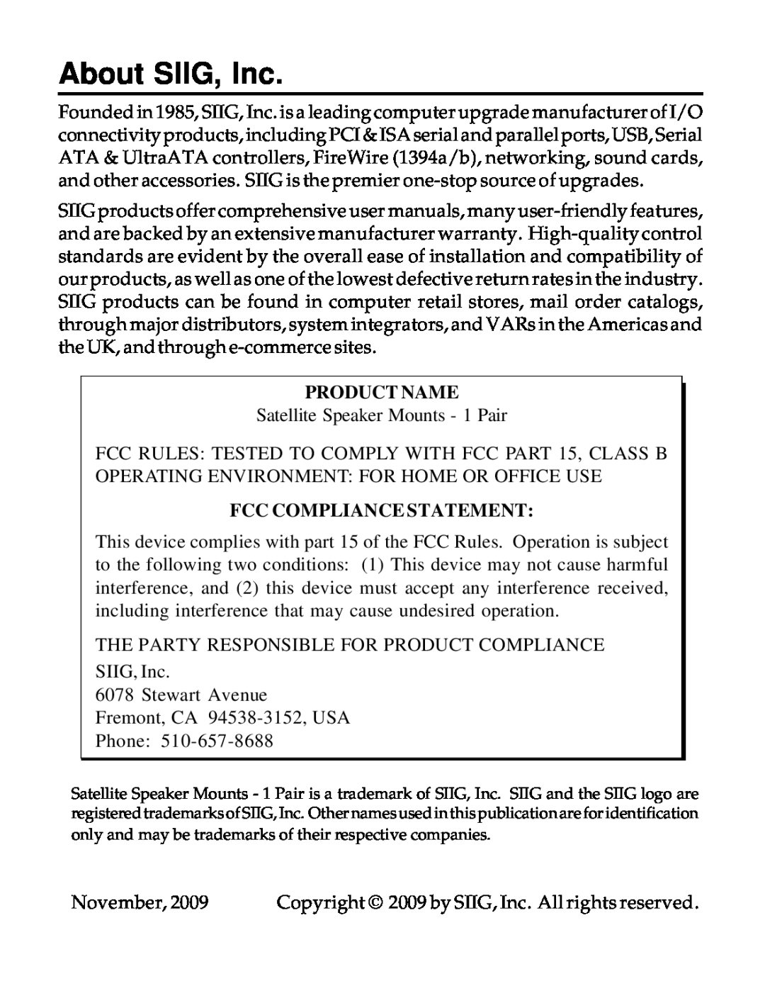SIIG 04-0600A manual About SIIG, Inc, Product Name, Fcc Compliance Statement 