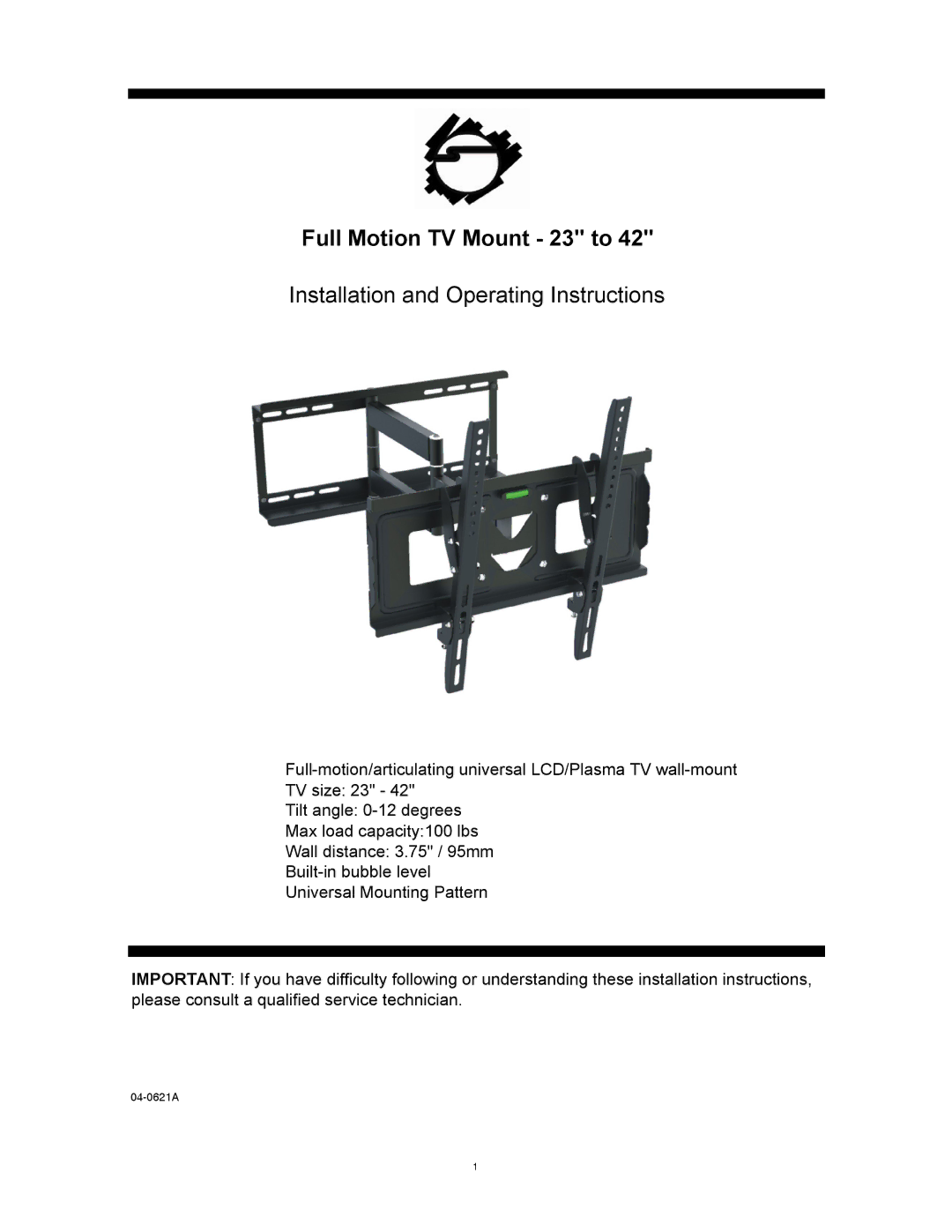 SIIG 04-0621A installation instructions Full Motion TV Mount 23 to 