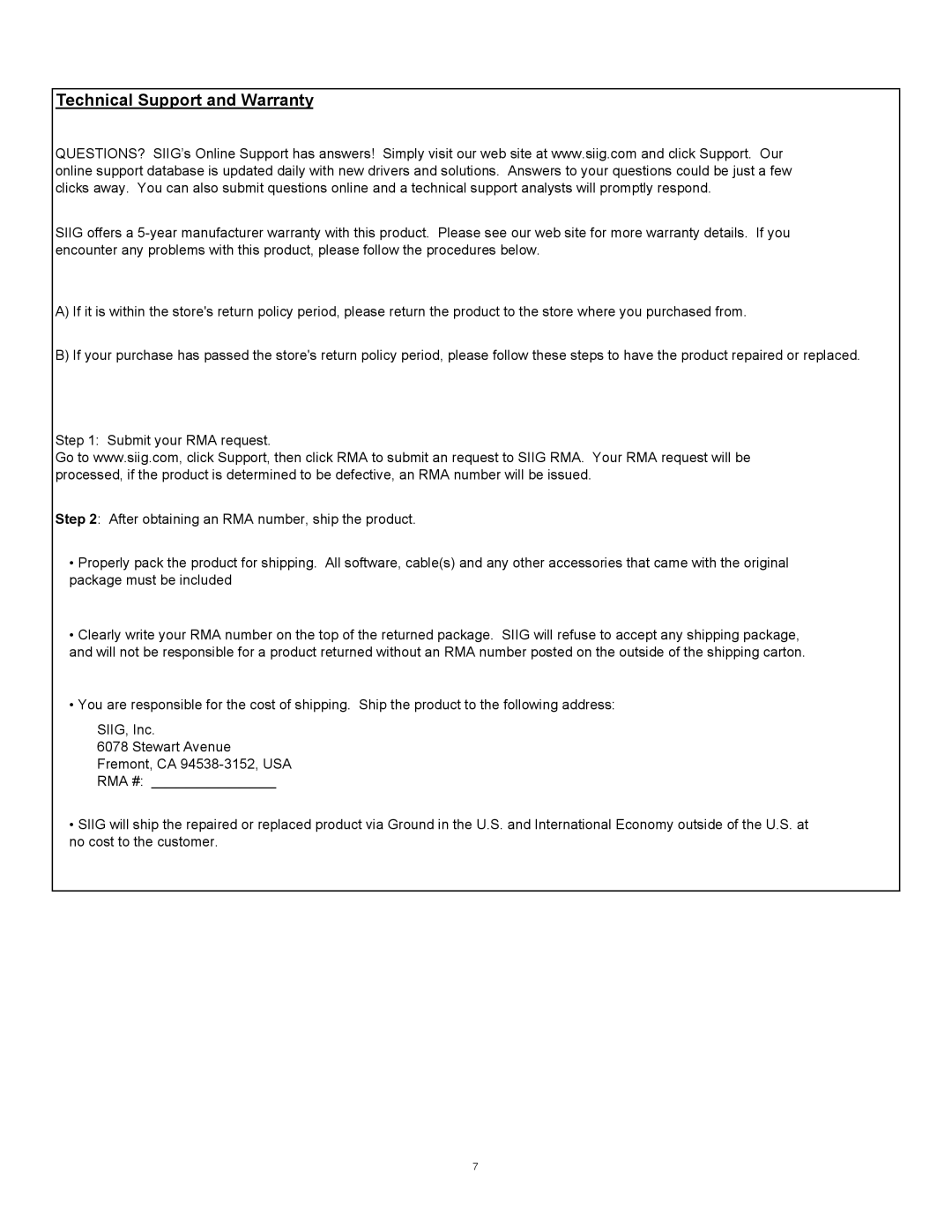 SIIG 04-0621A installation instructions Technical Support and Warranty 