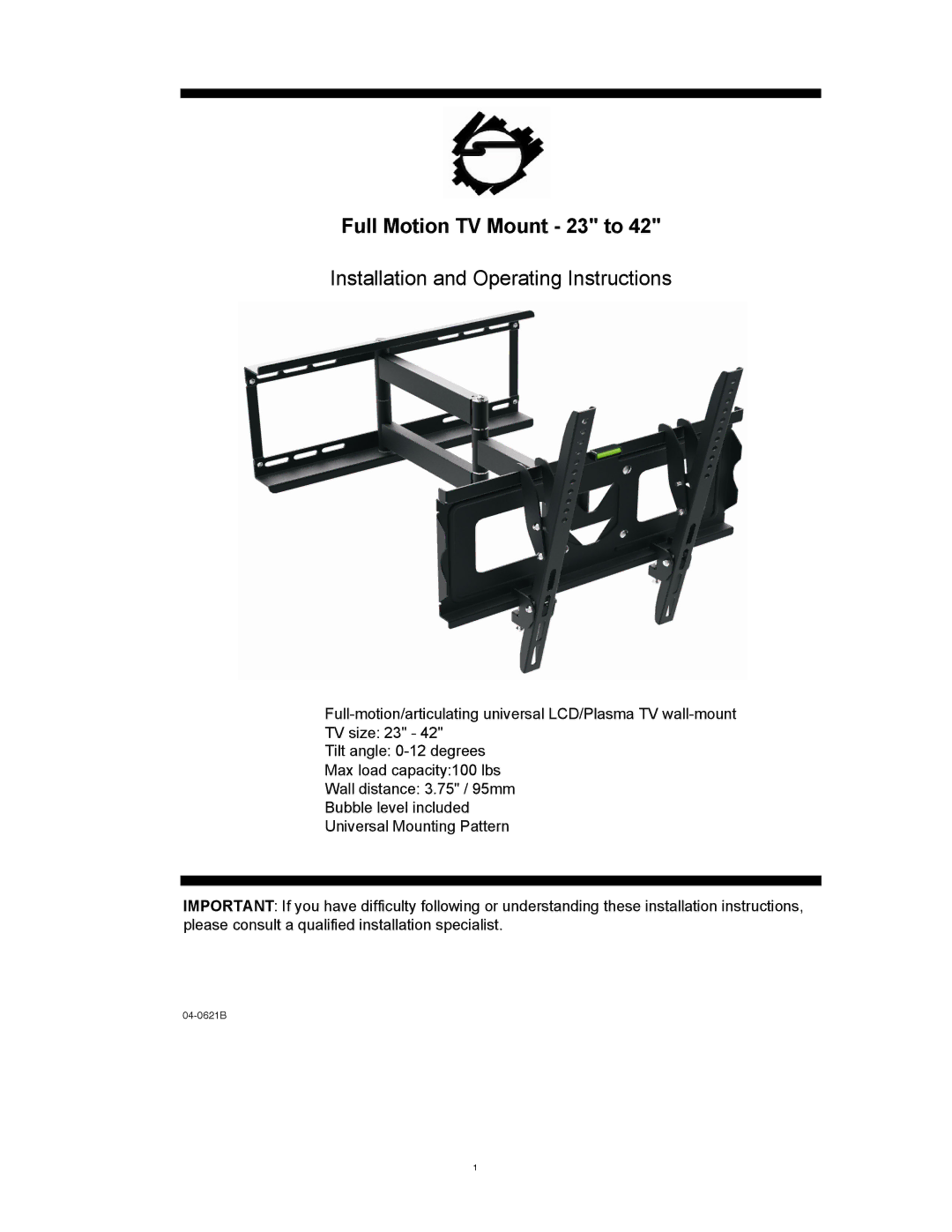 SIIG 04-0621B installation instructions Full Motion TV Mount 23 to 