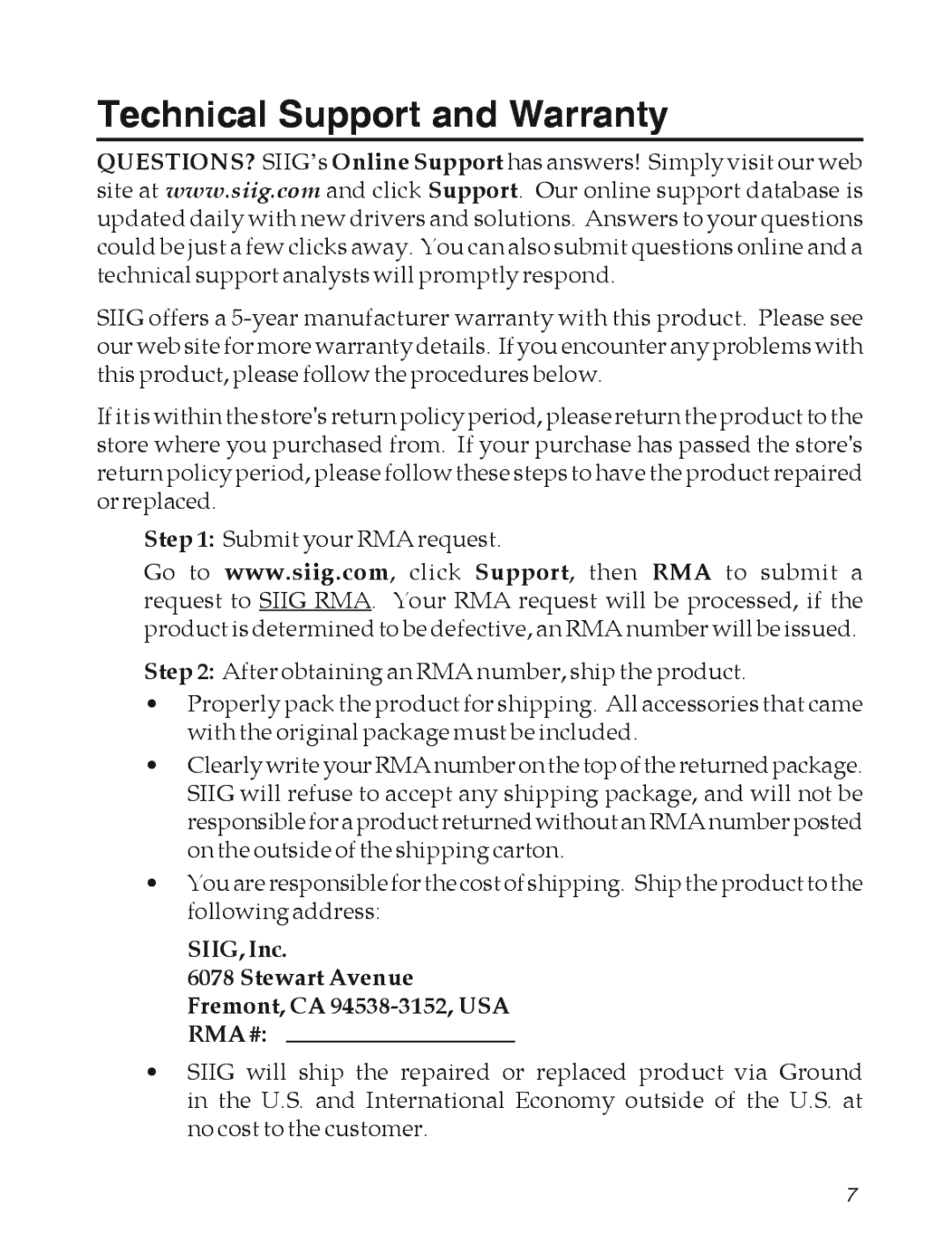 SIIG 04-0625A manual Technical Support and Warranty, SIIG, Inc Stewart Avenue Fremont, CA 94538-3152, USA RMA # 