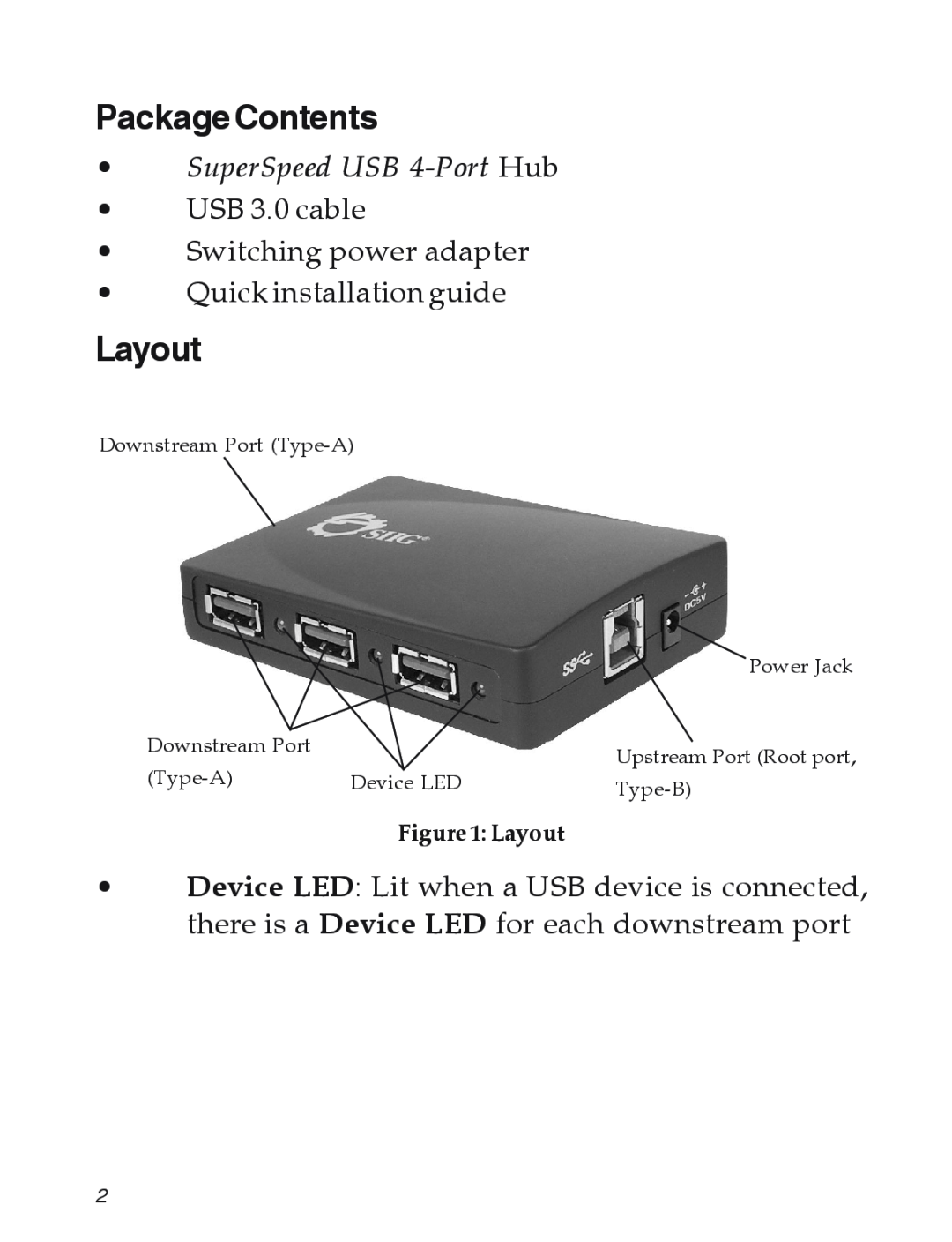 SIIG 04-0625A Package Contents, Layout, Downstream Port Type-A, Power Jack, Upstream Port Root port, Device LED, Type-B 