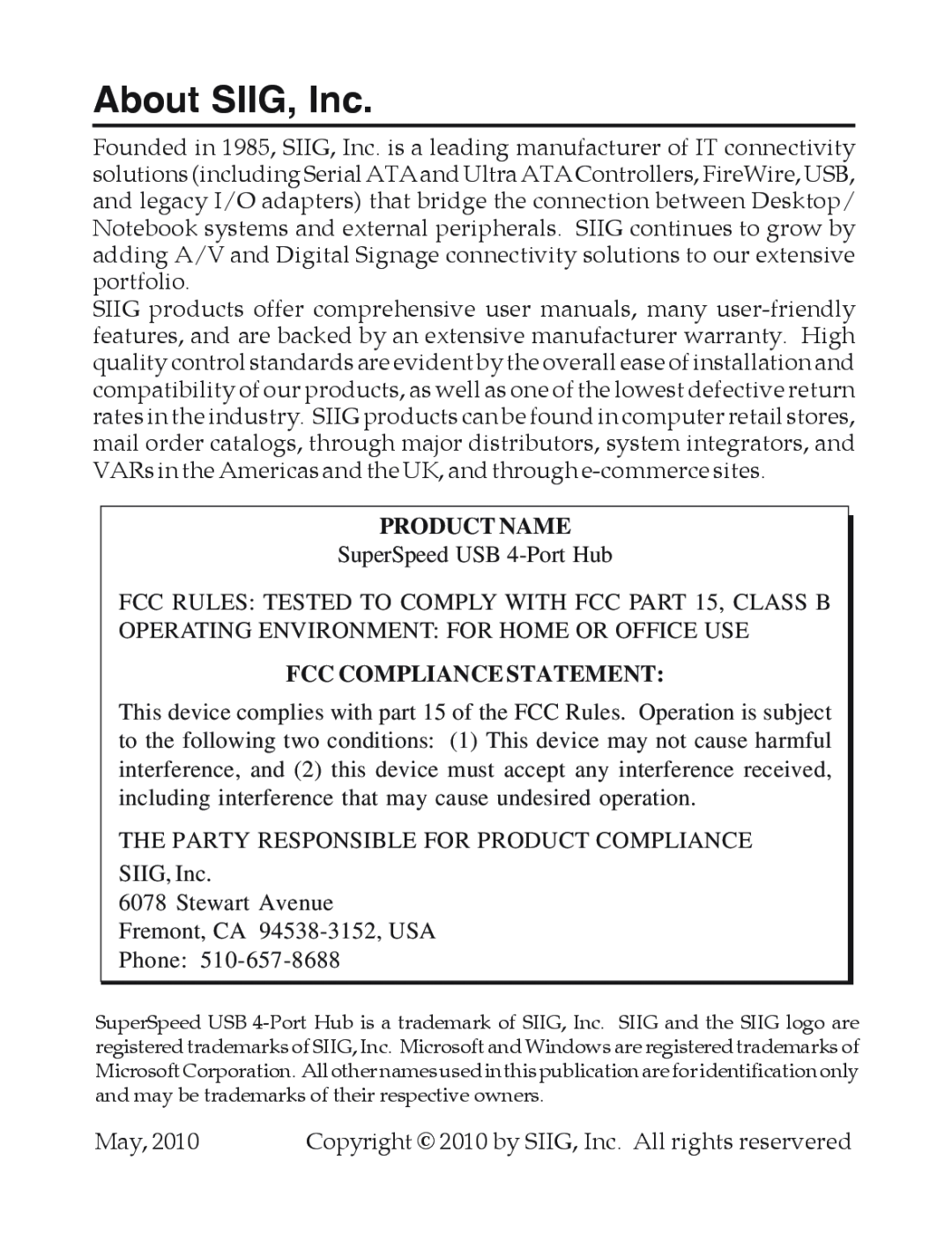 SIIG 04-0625A manual About SIIG, Inc, Product Name, Fcc Compliance Statement 