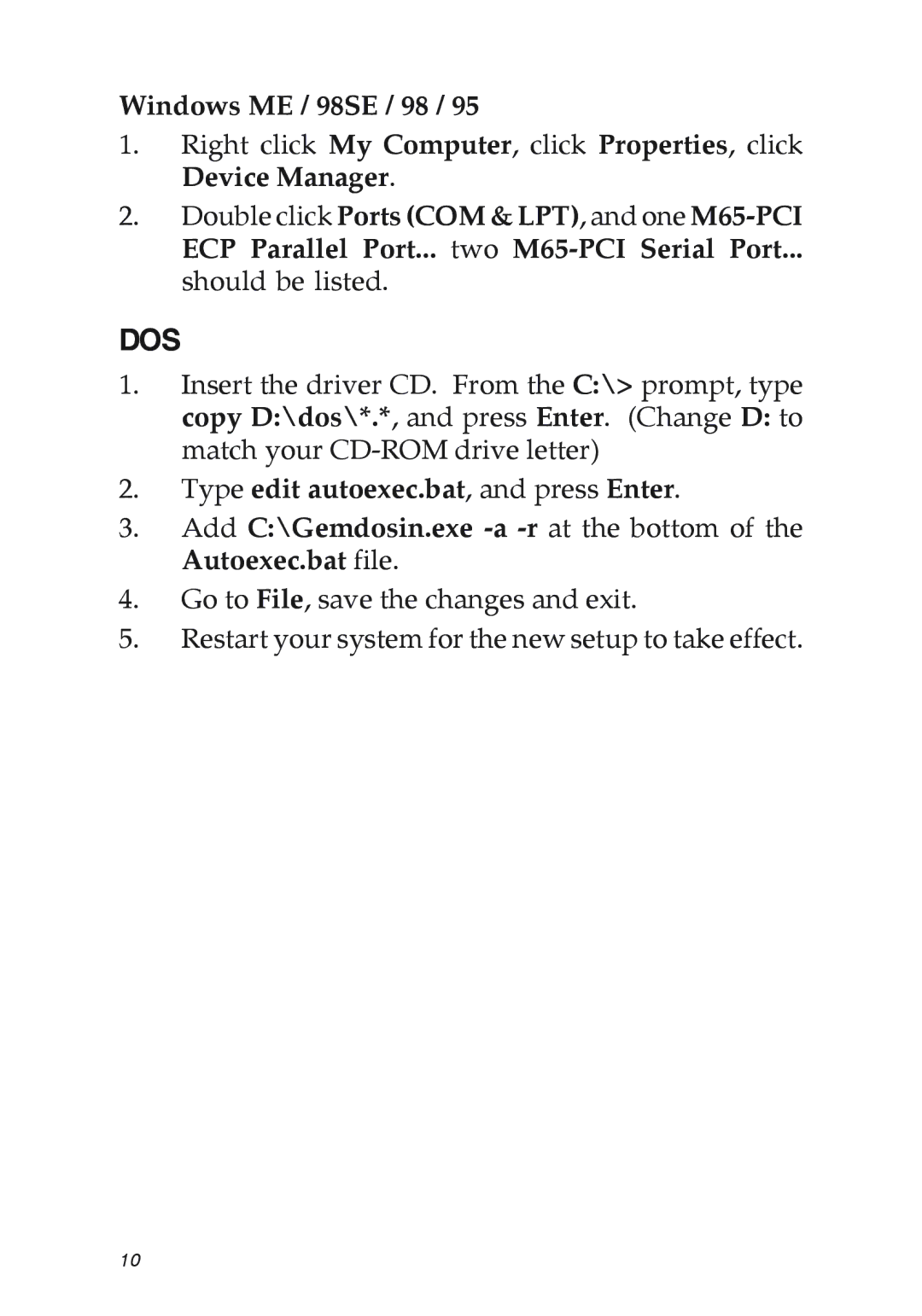 SIIG 04-0629A manual Windows ME / 98SE / 98, Type edit autoexec.bat, and press Enter 