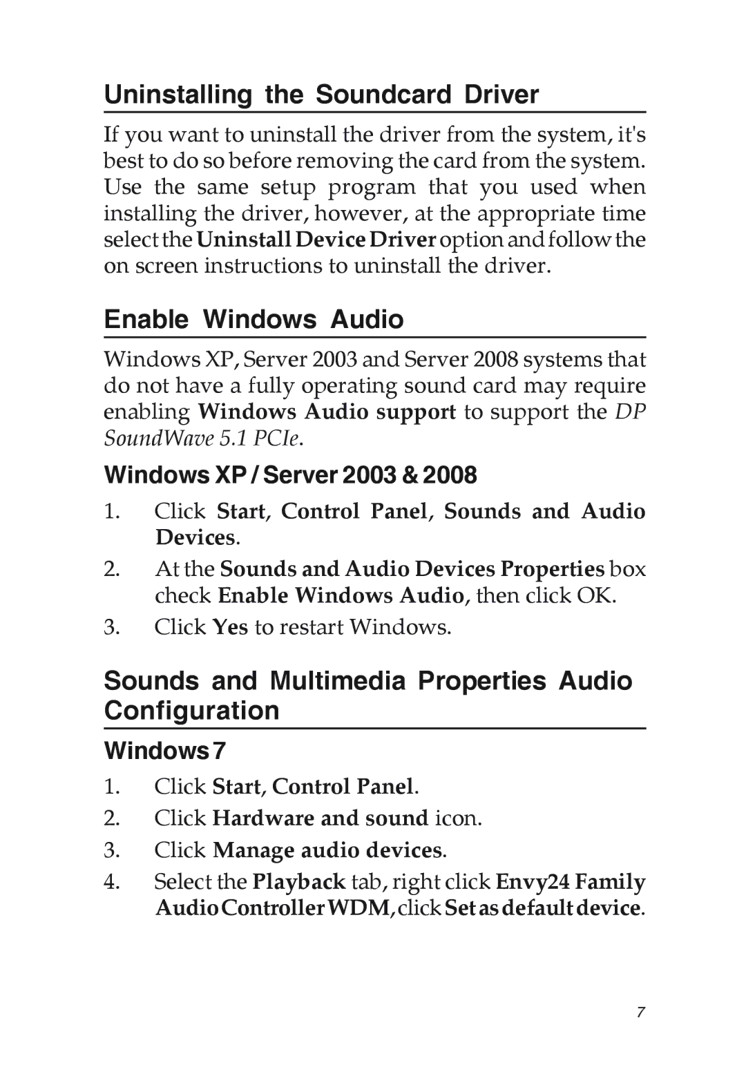 SIIG 04-0631A manual Uninstalling the Soundcard Driver, Enable Windows Audio, Windows XP / Server 2003 