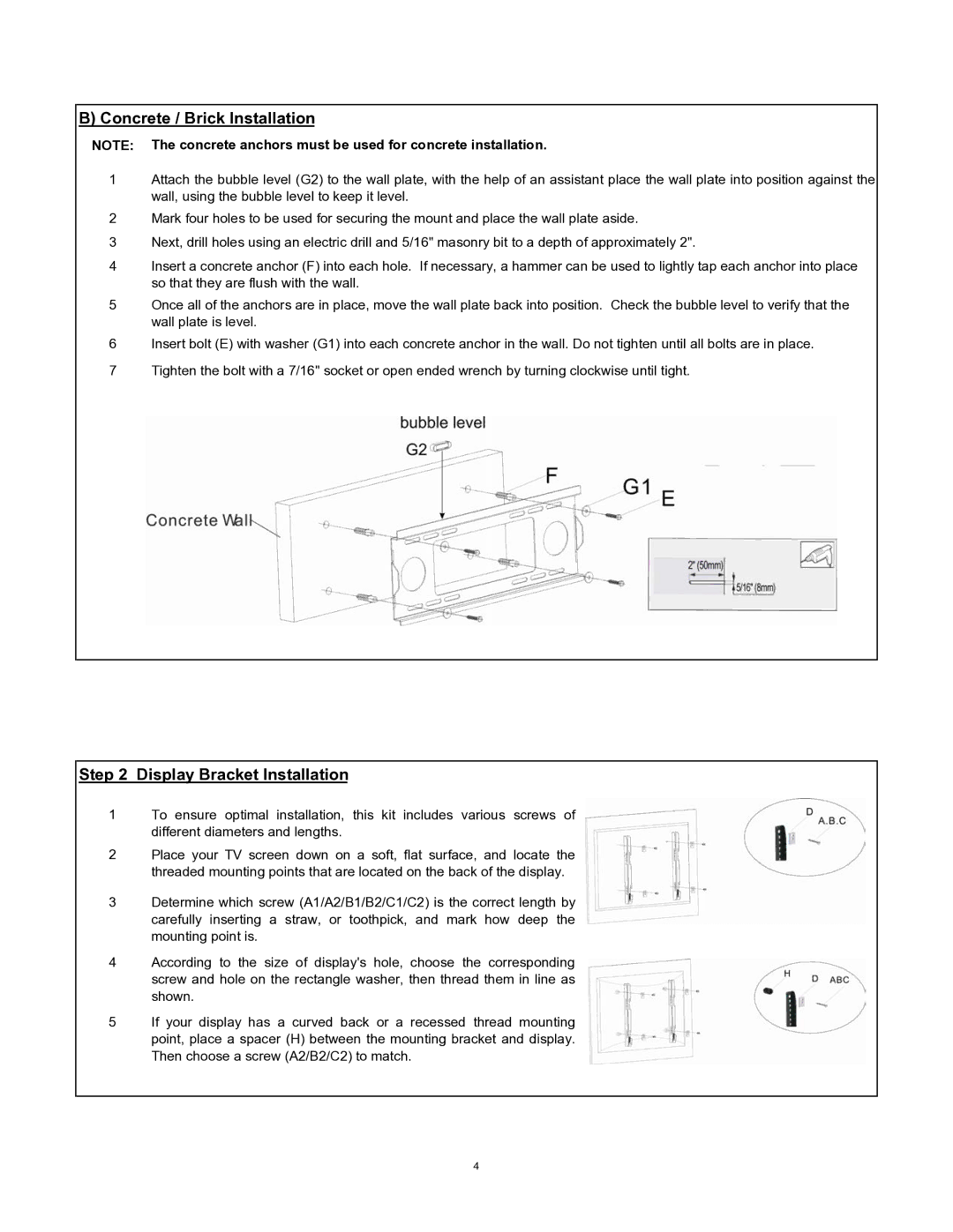 SIIG 04-0660A installation instructions Concrete / Brick Installation, Display Bracket Installation 