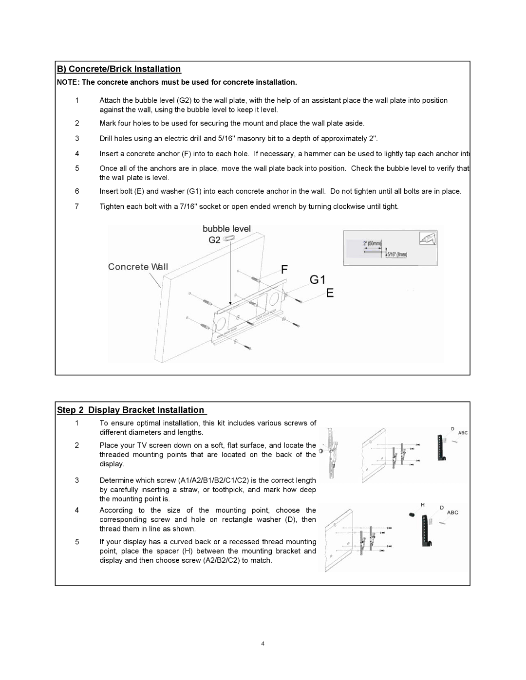 SIIG 04-0676A installation instructions Concrete/Brick Installation, Display Bracket Installation 