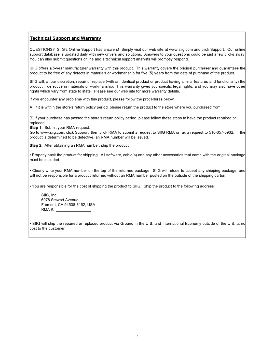 SIIG 04-0676A installation instructions Technical Support and Warranty 