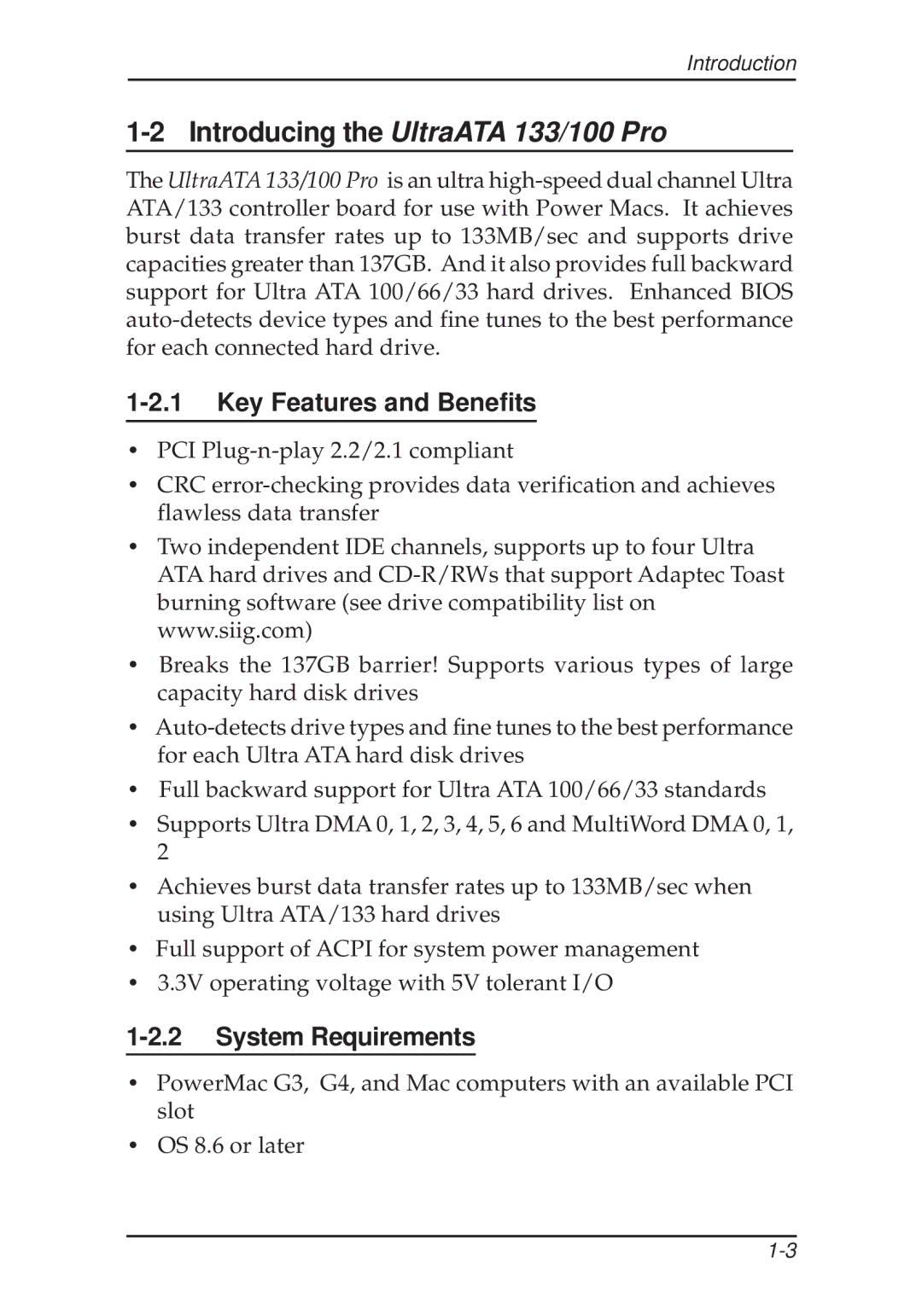 SIIG user manual Introducing the UltraATA 133/100 Pro, Key Features and Benefits, System Requirements 