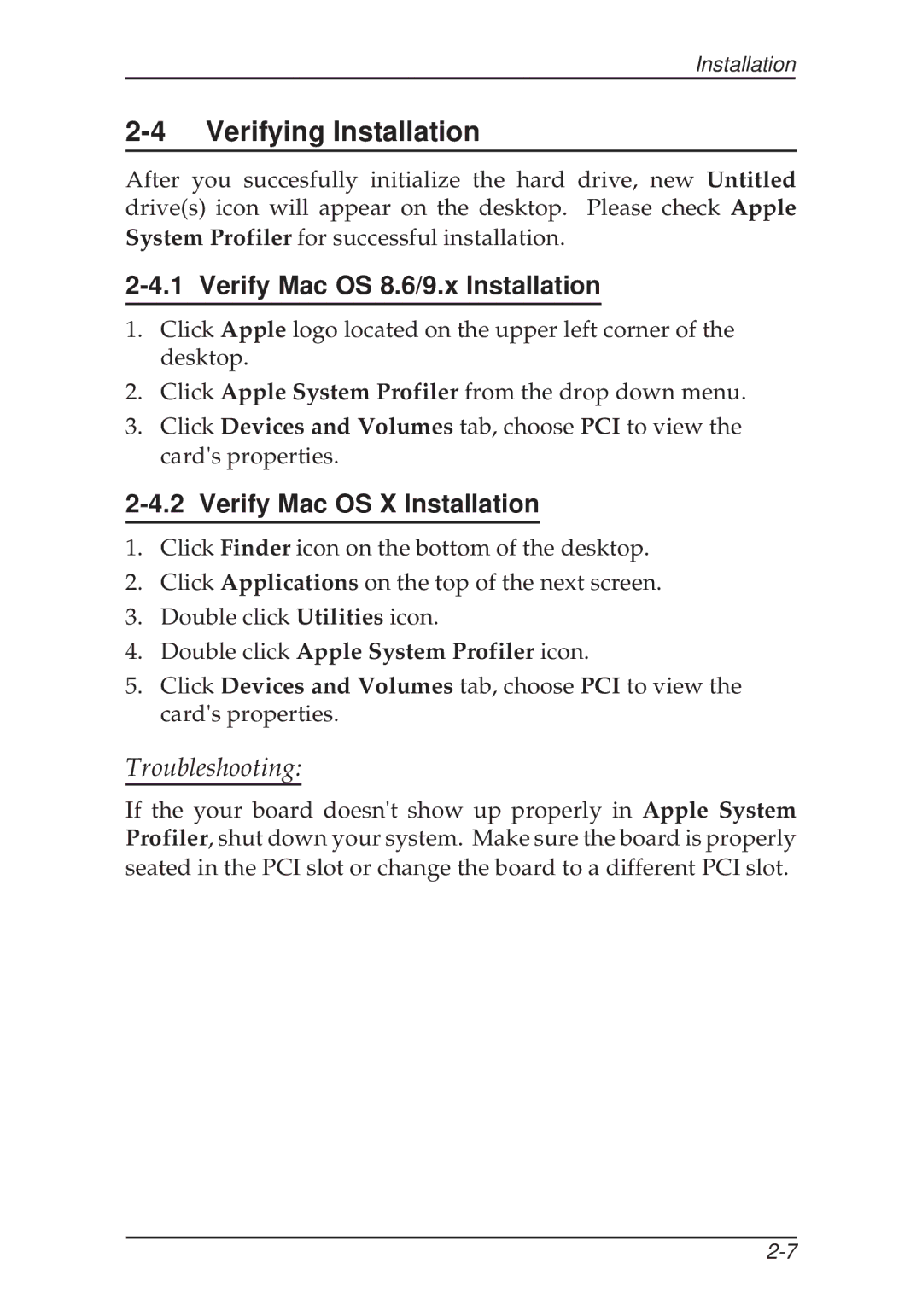 SIIG 100 Pro, 133 user manual Verifying Installation, Verify Mac OS 8.6/9.x Installation, Verify Mac OS X Installation 