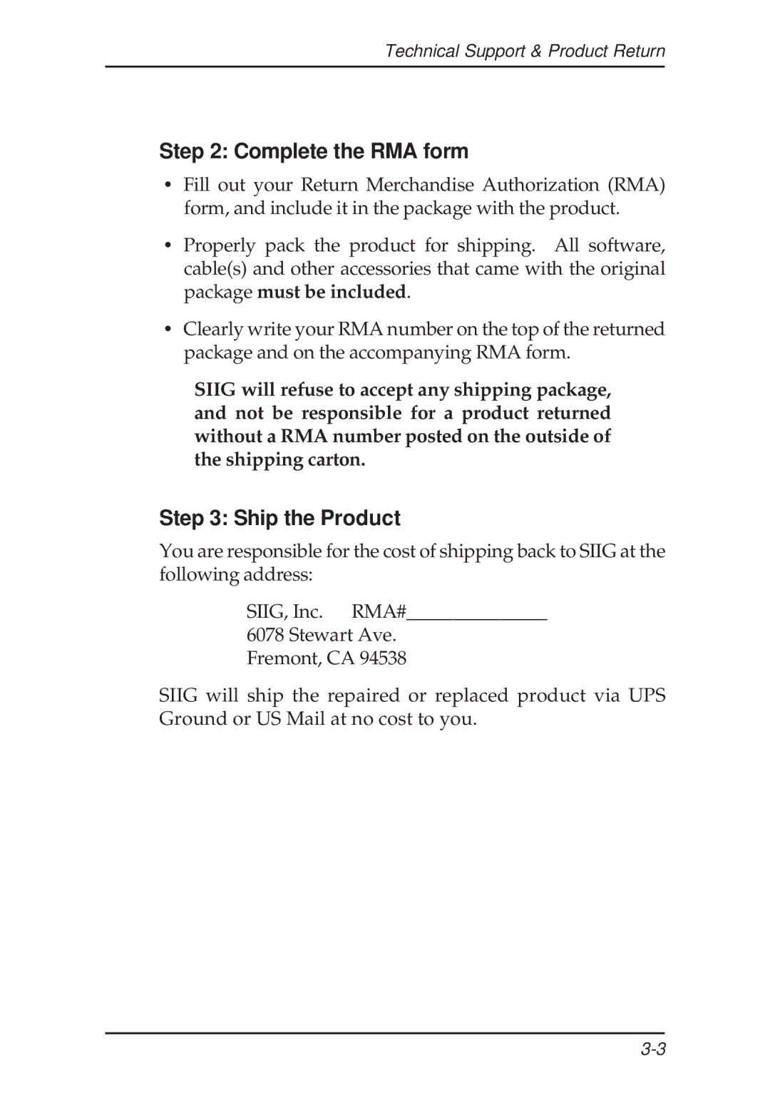 SIIG 100 Pro, 133 user manual Complete the RMA form, Ship the Product 