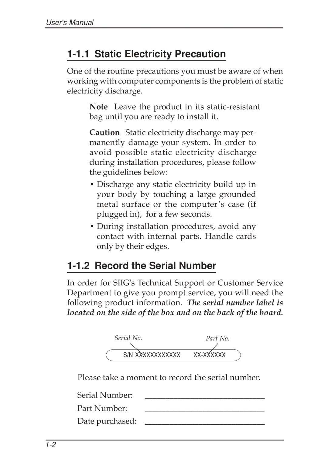 SIIG 133, 100 Pro user manual Static Electricity Precaution, Record the Serial Number 