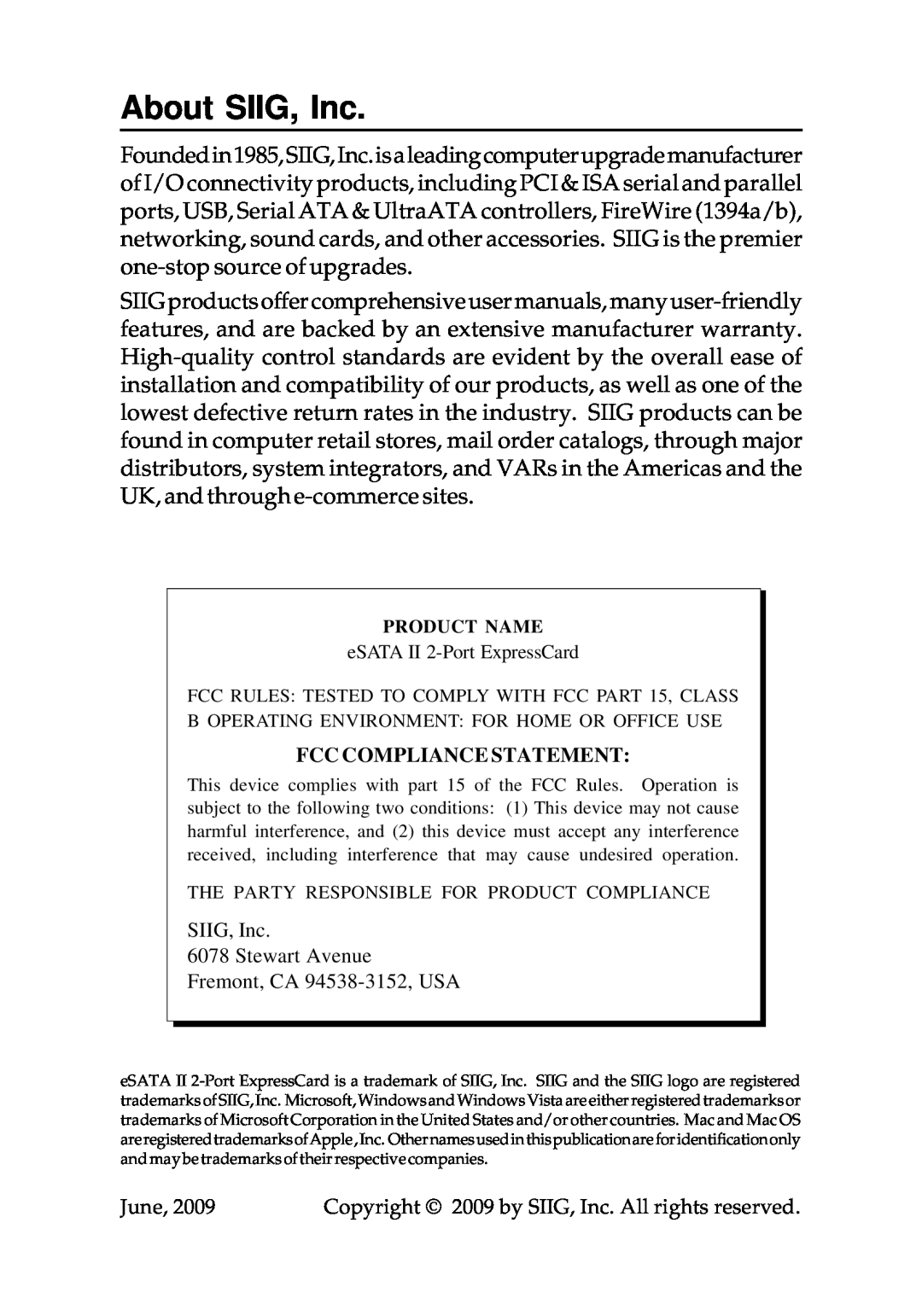 SIIG 104-0487A specifications About SIIG, Inc, Fcc Compliance Statement 