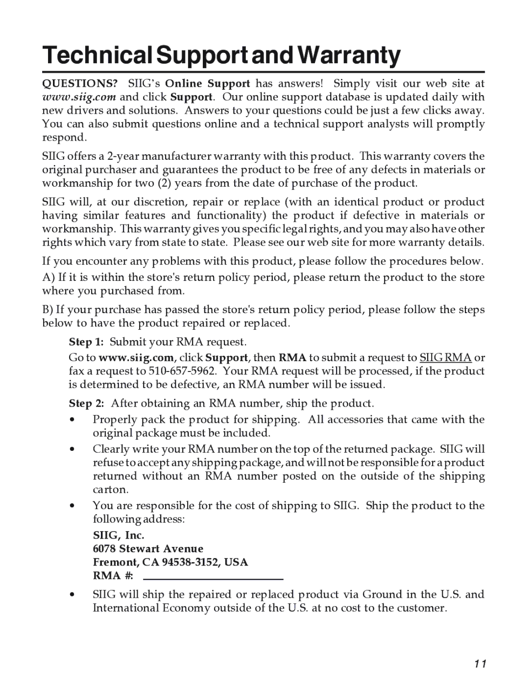 SIIG 104-0561C manual Technical Support and Warranty, SIIG, Inc Stewart Avenue Fremont, CA 94538-3152, USA RMA # 