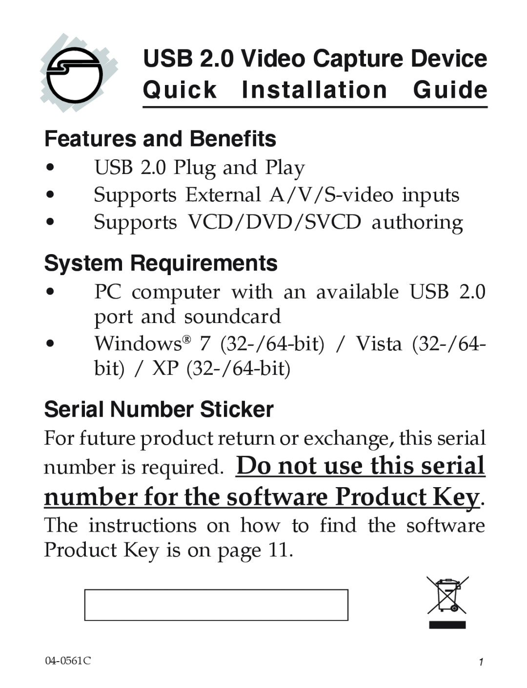 SIIG 104-0561C manual USB 2.0 Video Capture Device Quick Installation Guide, Features and Benefits, System Requirements 