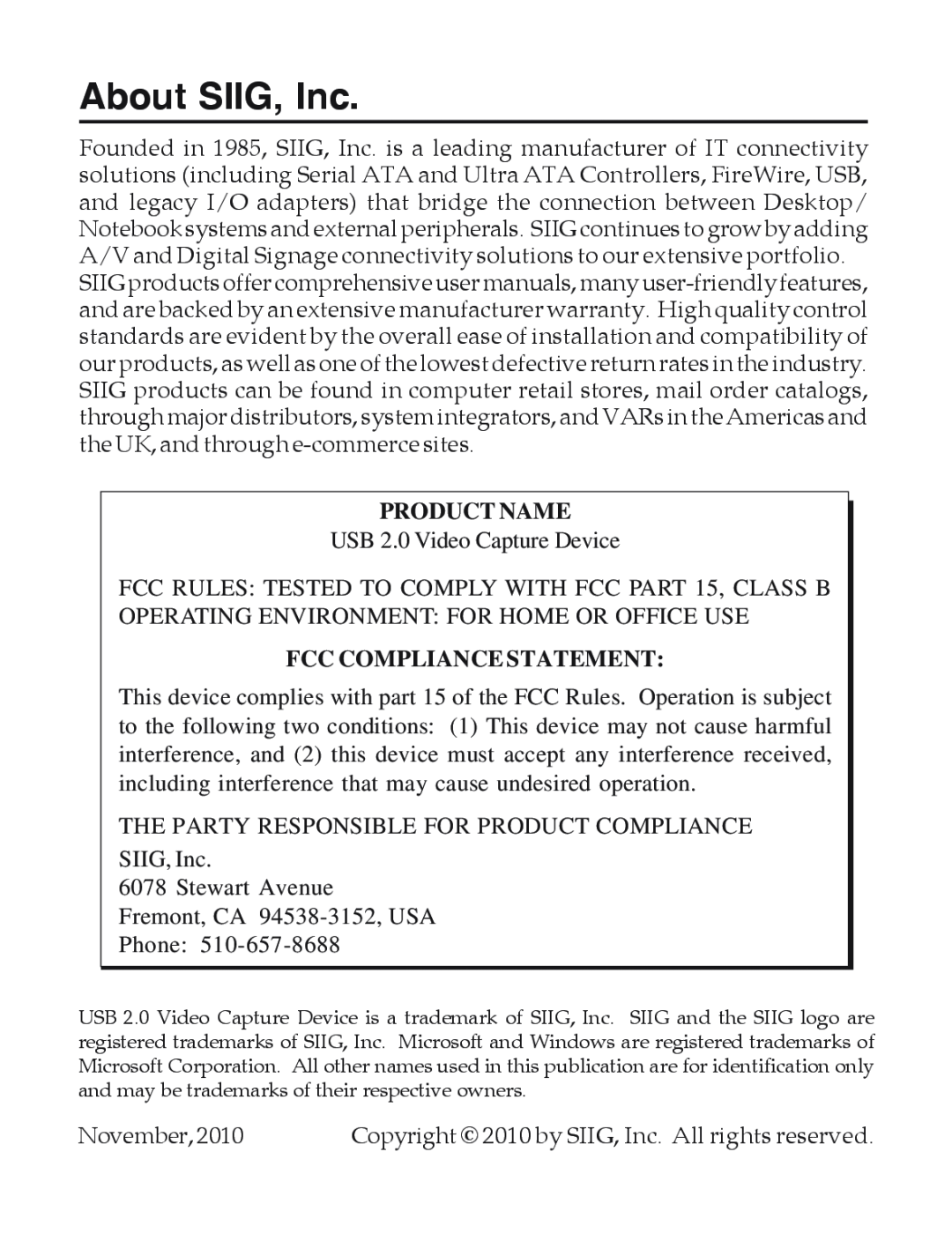 SIIG 104-0561C manual About SIIG, Inc, Product Name, Fcc Compliance Statement 