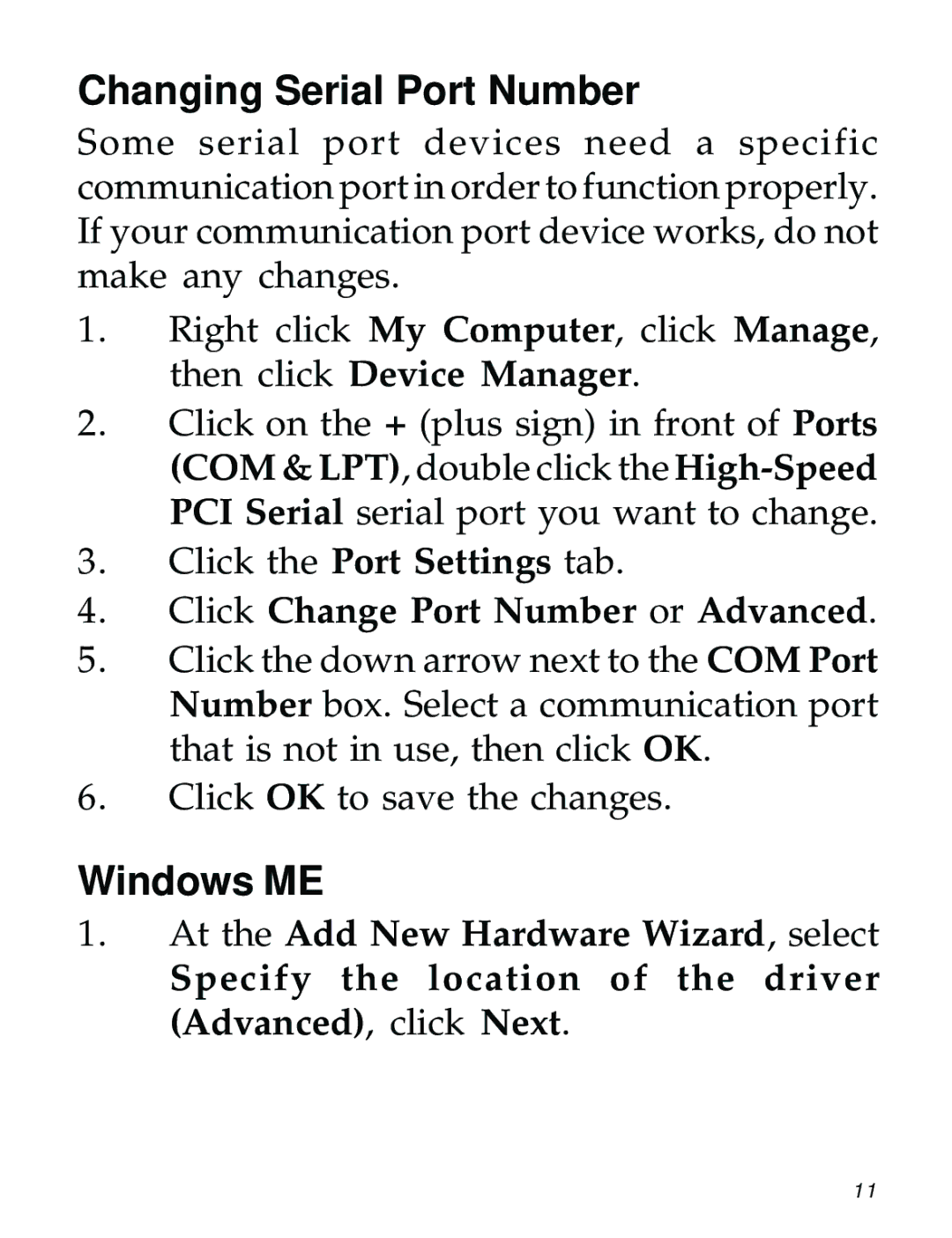 SIIG 104-0722A manual Changing Serial Port Number, Windows ME, Click Change Port Number or Advanced 